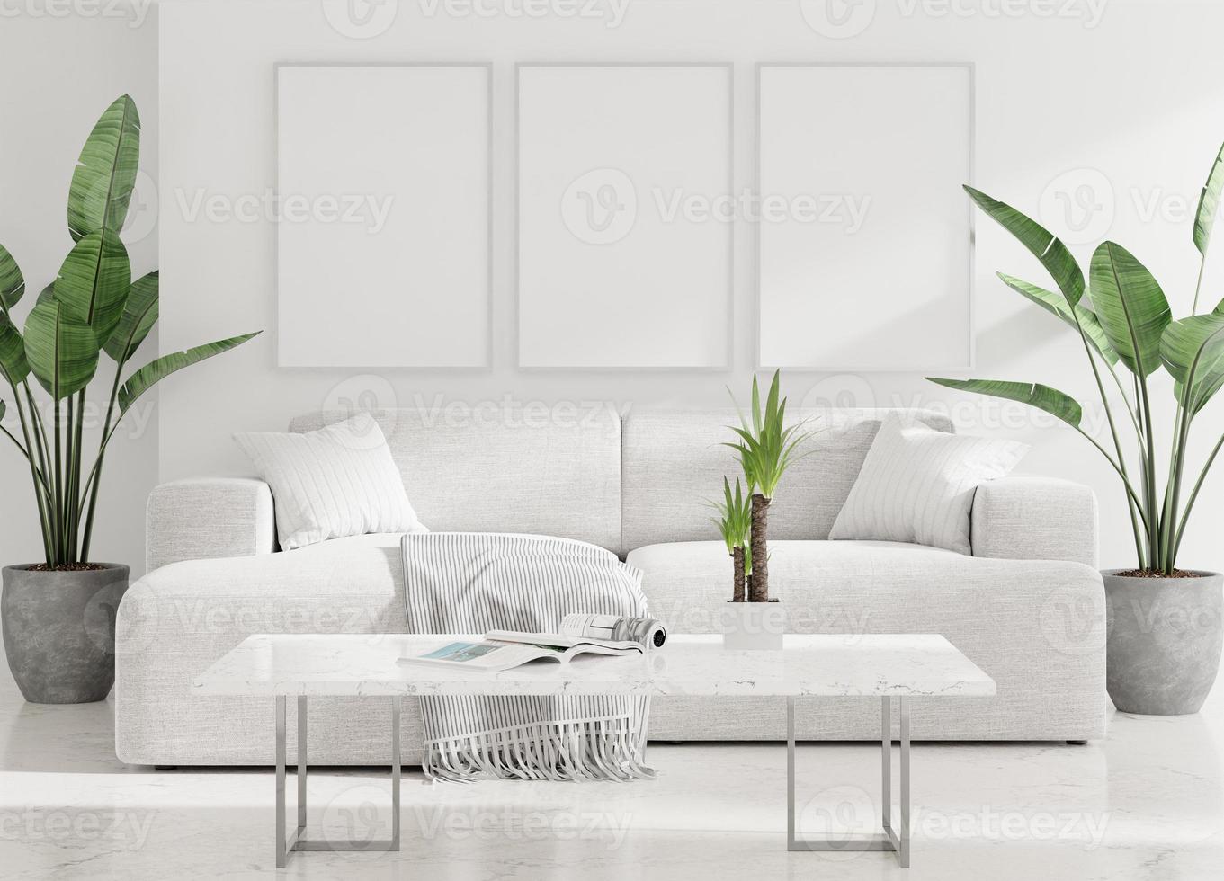 canvas frame photo mockup in clean minimalist room with brown sofa and plant 3d rendering