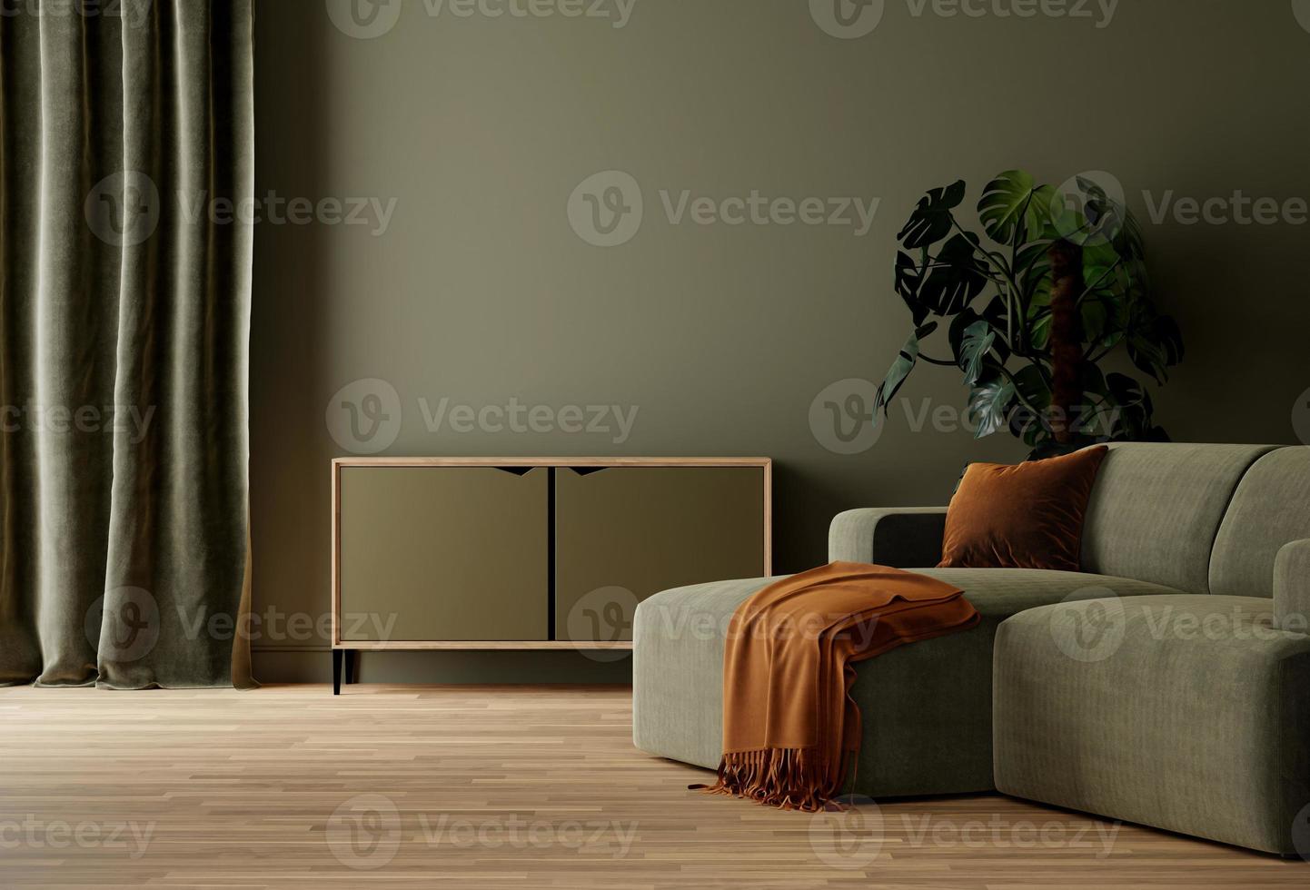 Modern dark green home interior with brown couch and plant, 3d render photo