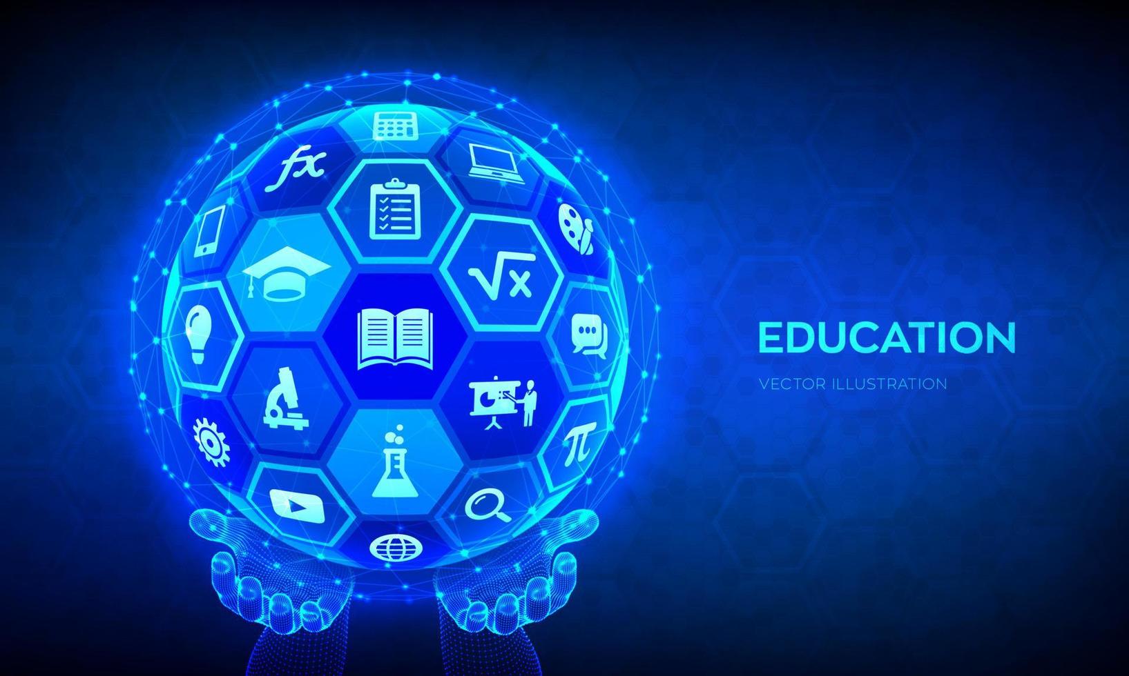 E-learning. Innovative online education technology concept. Webinar, teaching, online training courses. Skill development. Abstract 3D sphere with surface of hexagons with icons in hands. Vector. vector