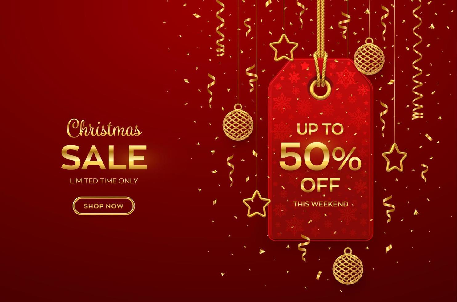 precio de venta de navidad y año nuevo. etiqueta roja realista colgando de una cuerda dorada. etiqueta de descuento con estrellas doradas, bolas, confeti. banner de navidad, publicidad, precio de marketing. ilustración vectorial. vector