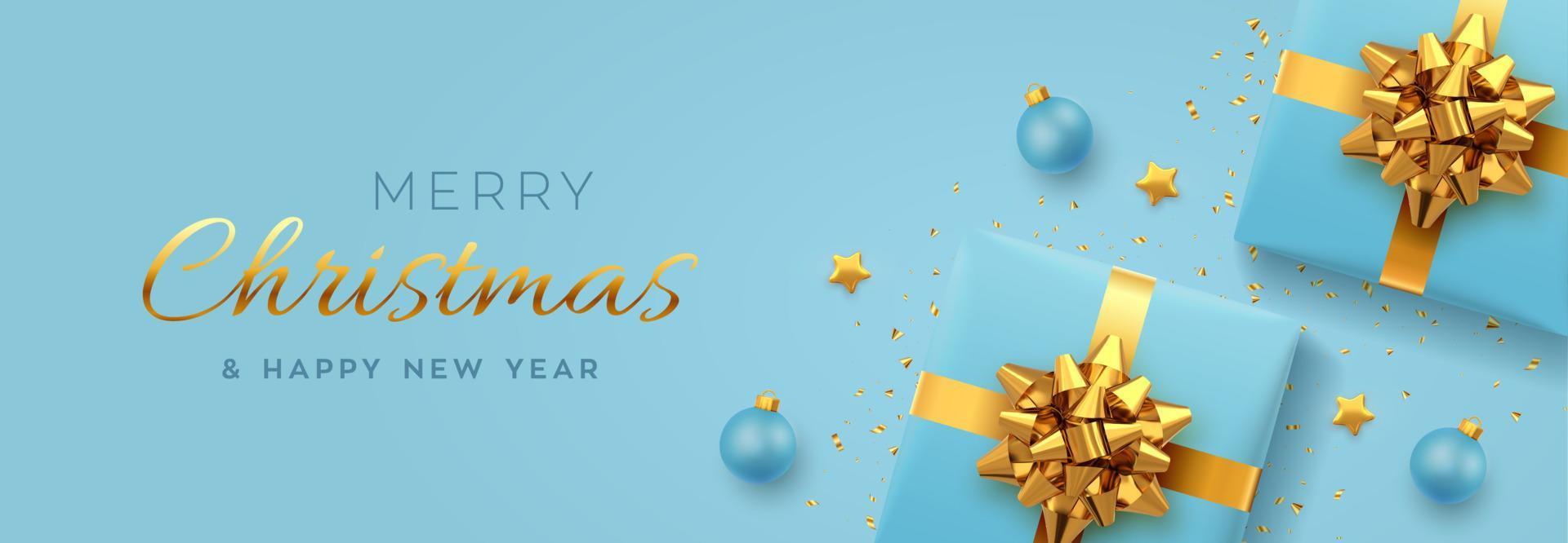 banner de navidad. cajas de regalo azul realistas con lazo dorado, estrellas doradas, bolas y confeti brillante. Fondo de Navidad, cartel de Navidad horizontal, tarjetas de felicitación, sitio web de encabezados. ilustración vectorial. vector