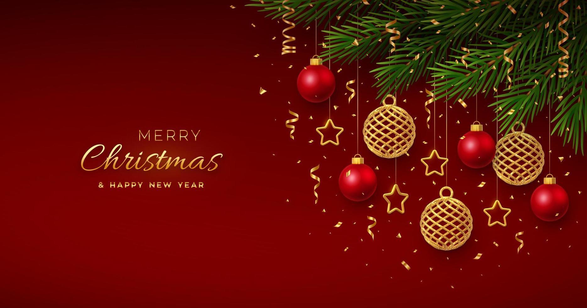 Christmas background with hanging golden snowflakes and red balls, gold metallic stars, confetti, pine branches. Merry christmas greeting card. Holiday Xmas and New Year poster, cover, banner. Vector 4885915 Vector Art at Christmas background with hanging golden snowflakes and red balls, gold metallic stars, confetti, pine branches. Merry christmas greeting card. Holiday Xmas and New Year poster, cover, banner. Vector 4885915 Vector Art at