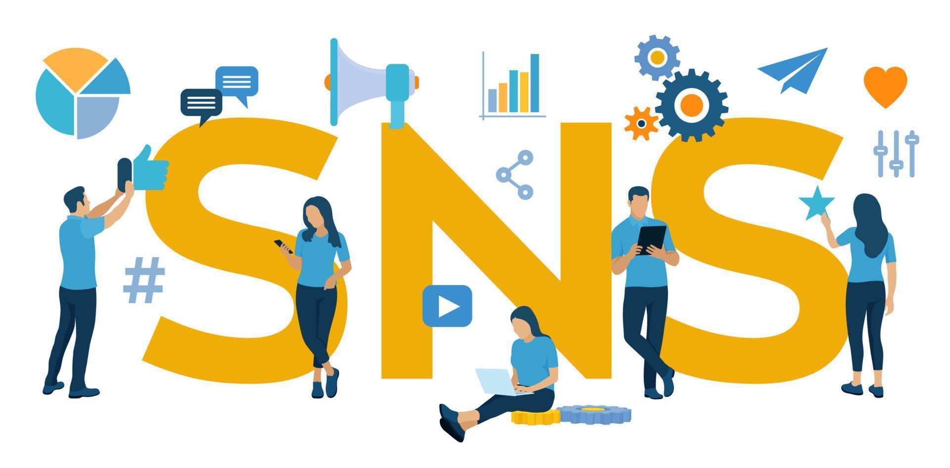 sns. Servicio de redes sociales: es una plataforma en línea que las personas utilizan para crear redes sociales o relaciones sociales con otras personas. ilustración vectorial plana con iconos y personajes. vector