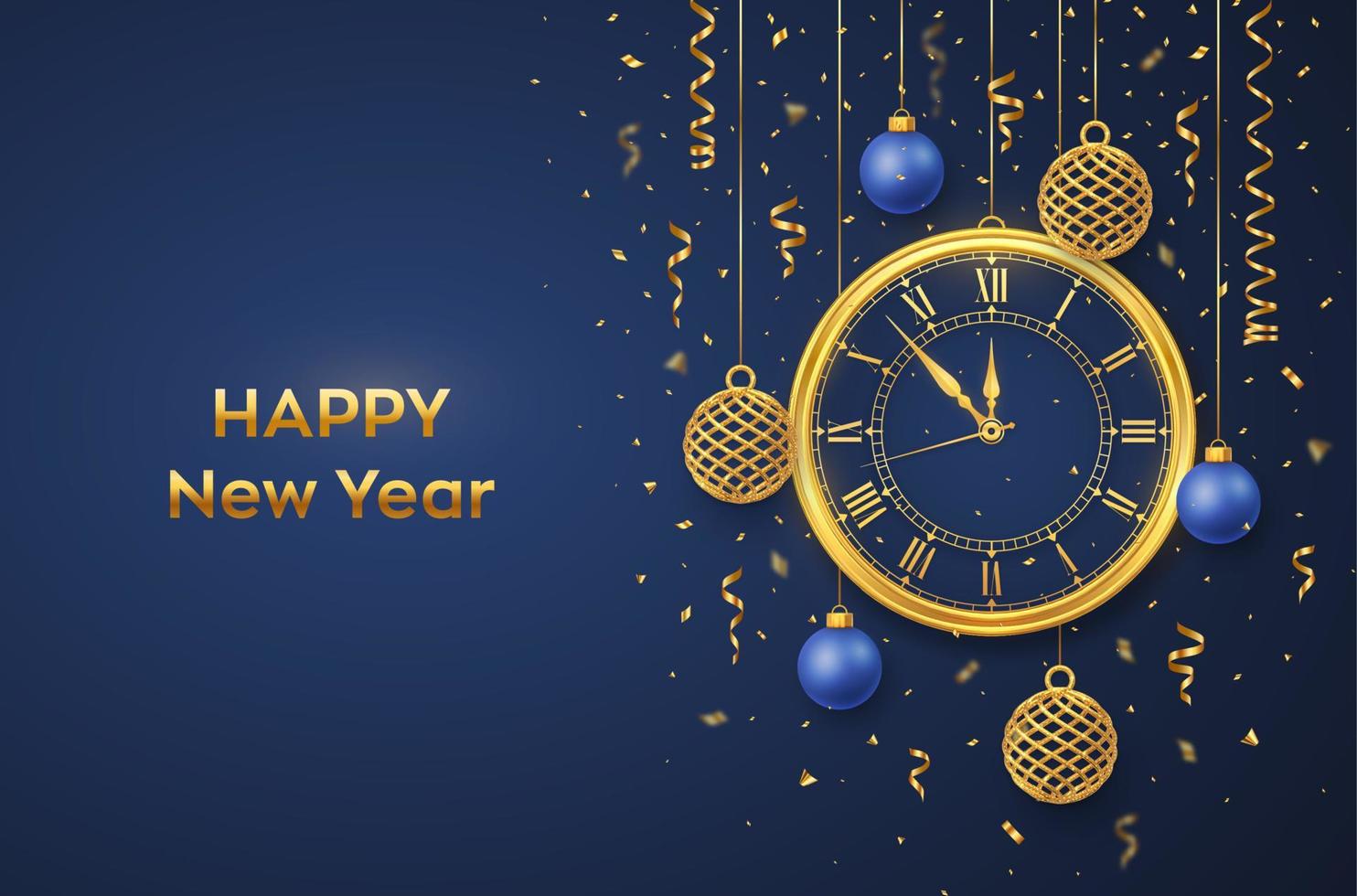 Happy New Year 2022. Golden shiny watch with Roman numeral and countdown midnight, eve for New Year. Background with shining gold and blue balls. Merry Christmas. Xmas holiday. Vector illustration.