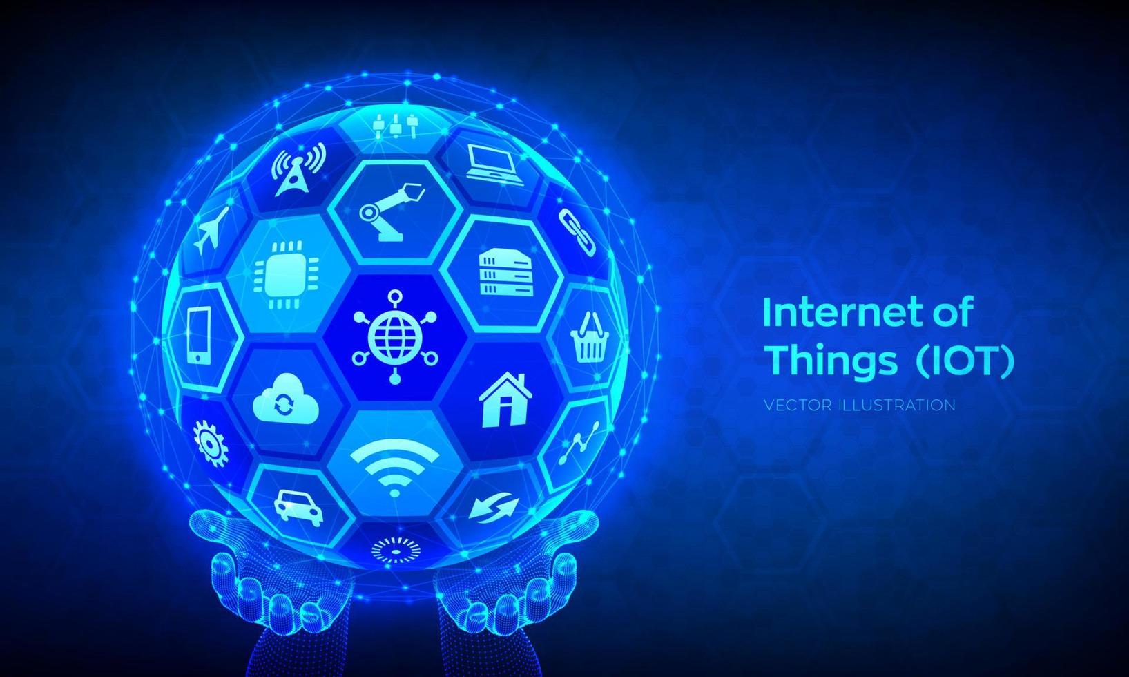 IOT. Internet of things concept. Everything connectivity device concept network and business with internet. Abstract 3D sphere or globe with surface of hexagons in wireframe hands. Vector illustration