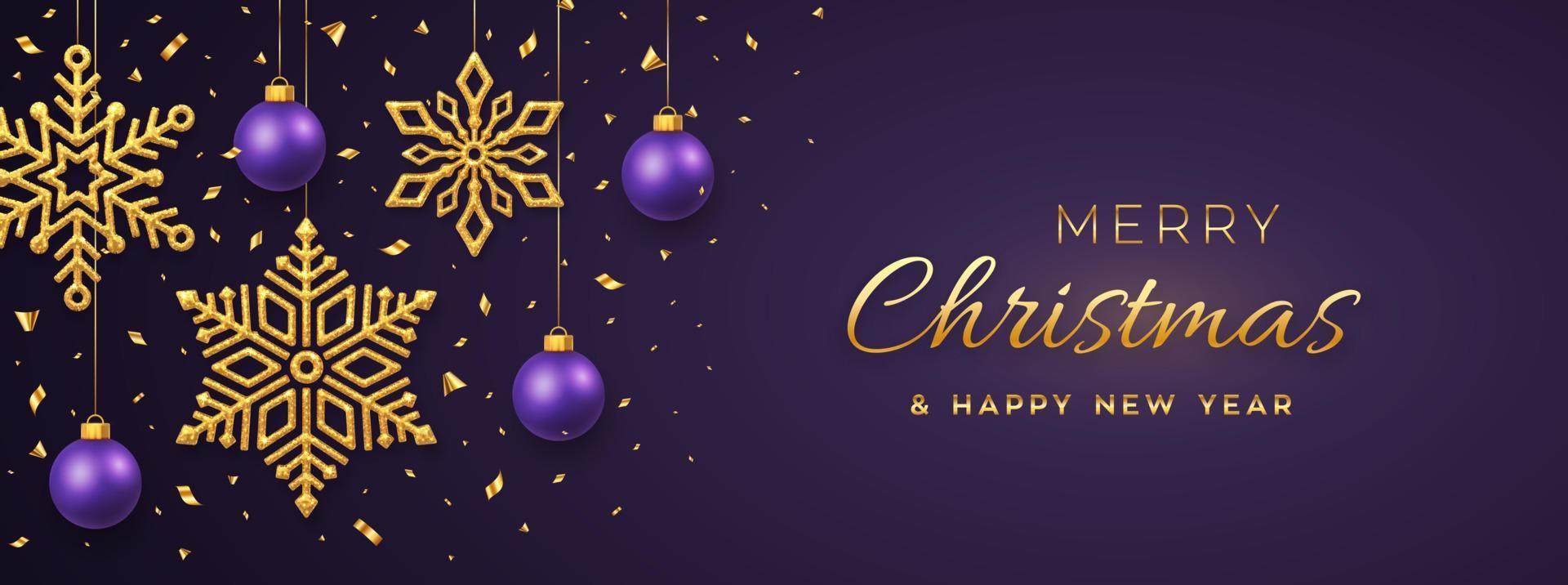 Christmas purple background with hanging shining golden snowflakes and