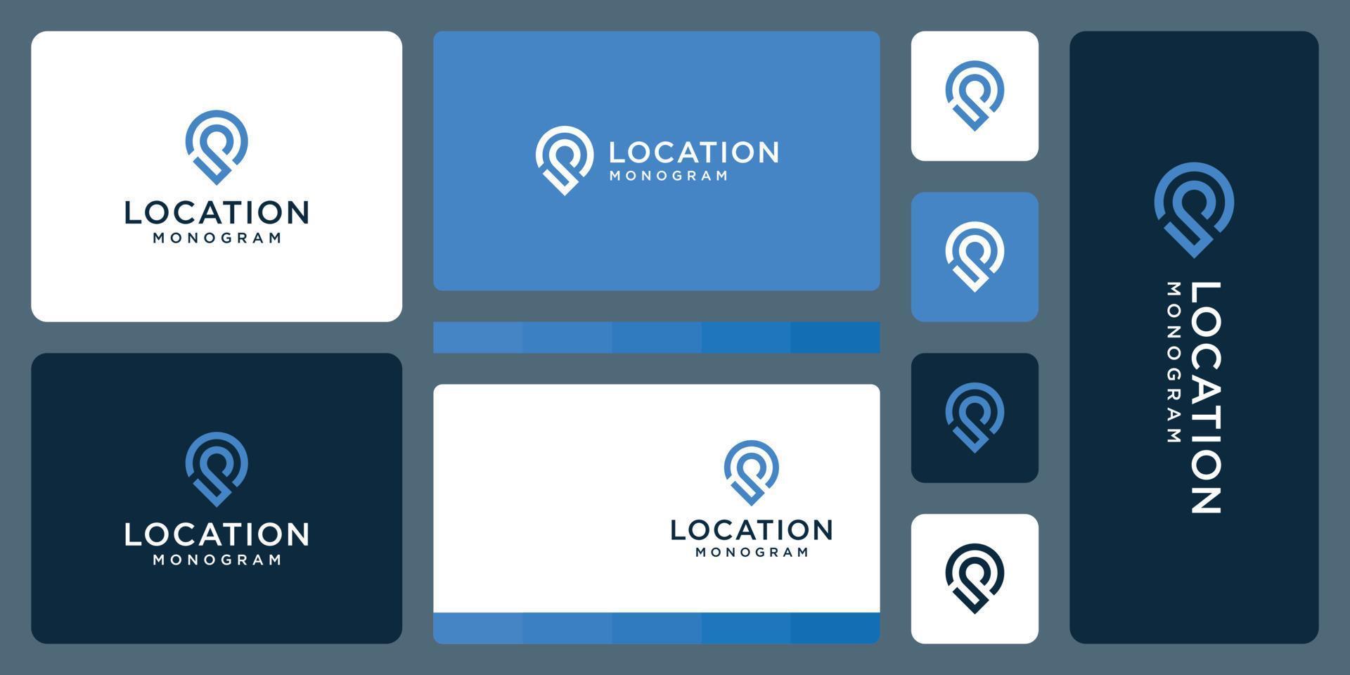 pin logo, location and initial letter P. business card design. vector