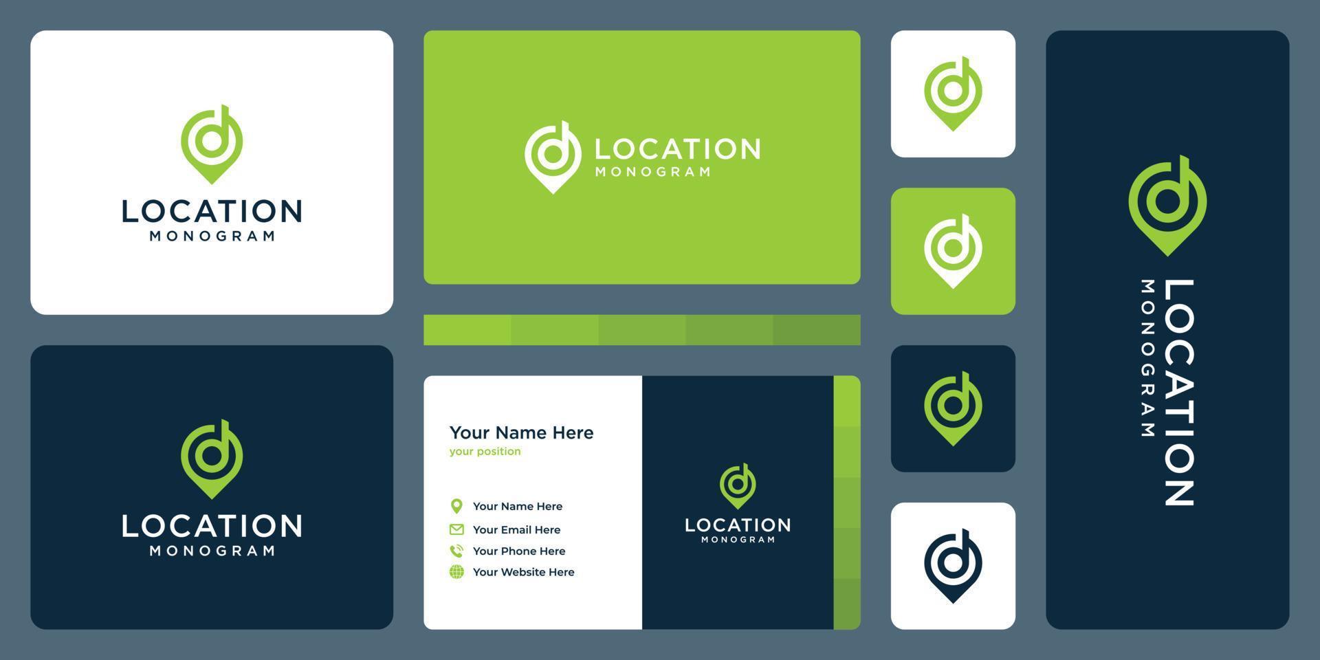 pin logo, location and initial letter D. business card design. vector