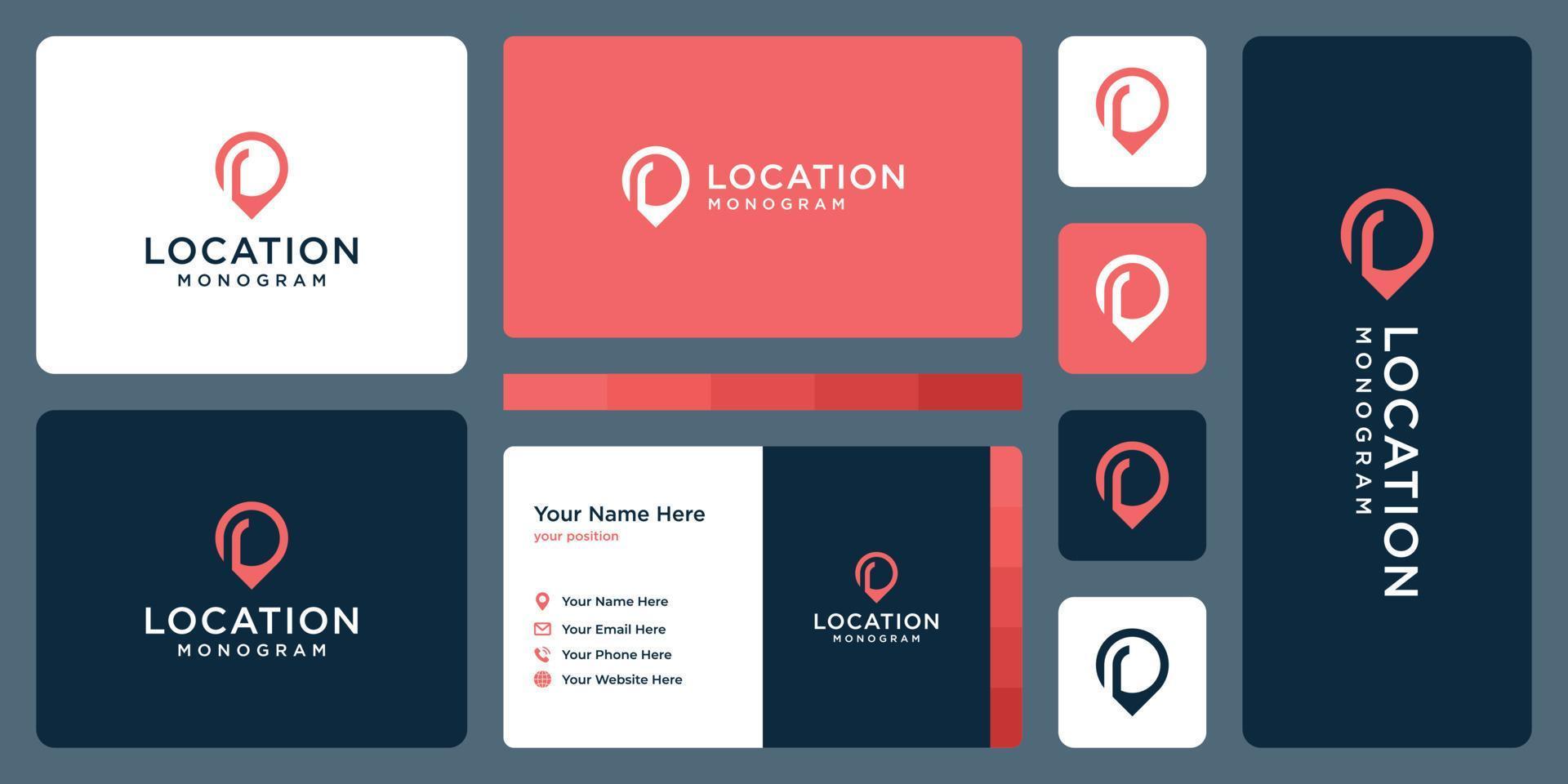 pin logo, location and initial letter r. business card design. vector