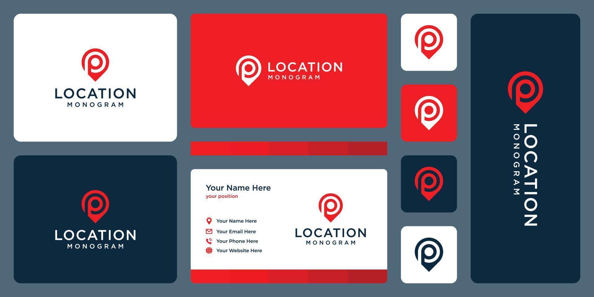pin logo, location and initial letter P. business card design. vector