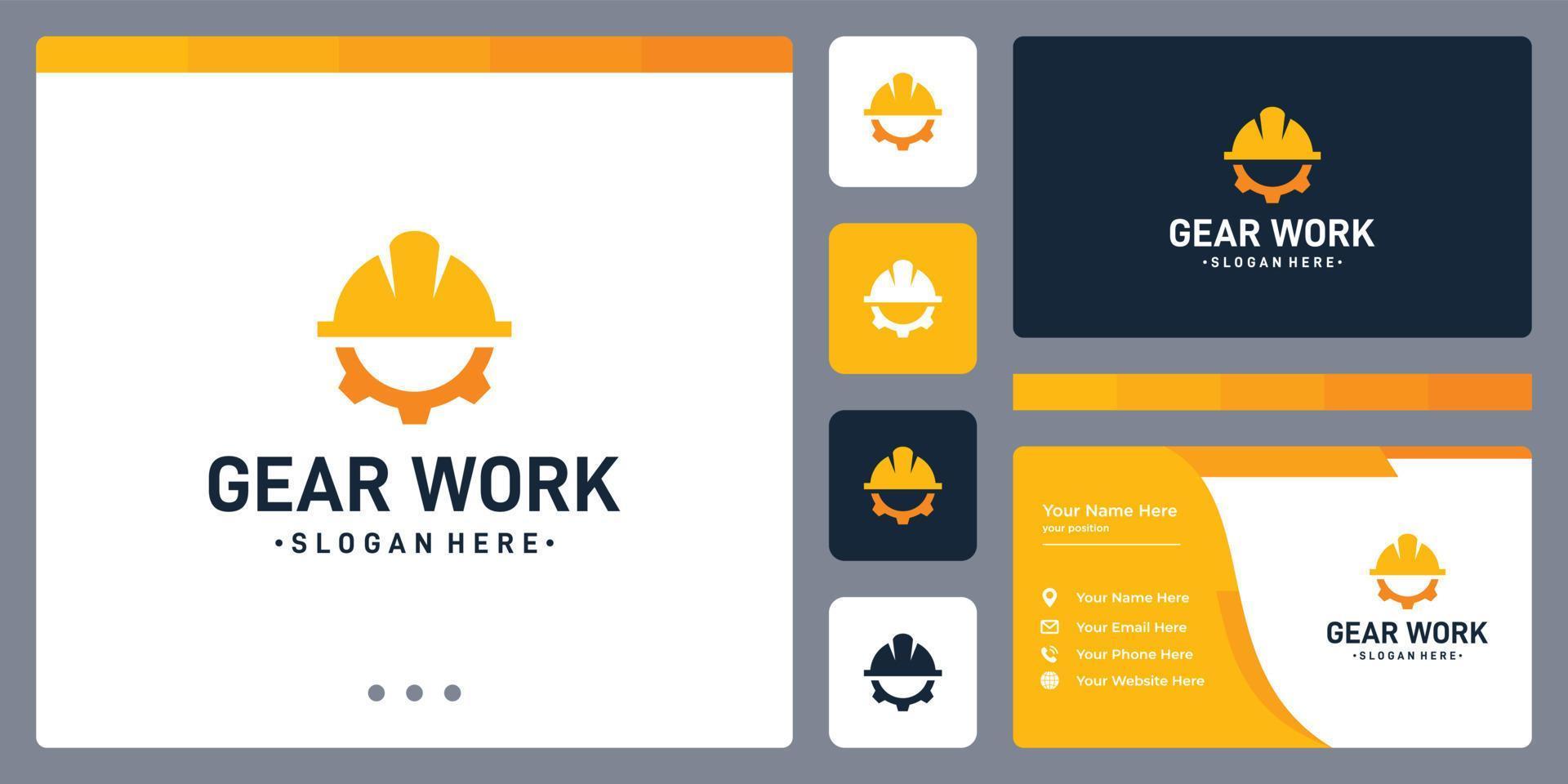 gear logo and the shape of a construction workers hat. business card. vector