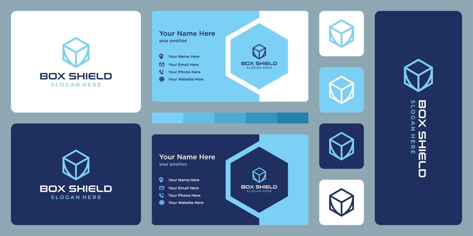 caja de logotipo de inspiarations y logotipo de escudo. plantilla de diseño de tarjeta de visita vector