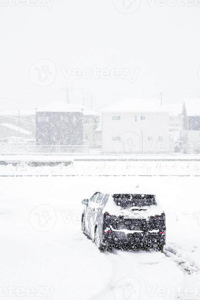 Fresh white snow falling in winter season at Kawaguchiko,Japan photo