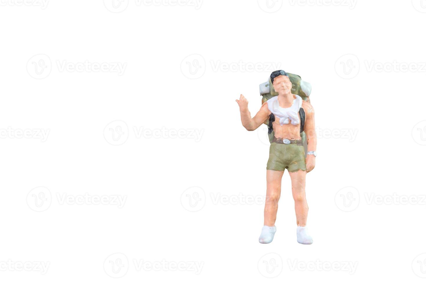 Close up of Miniature backpacker and tourist people isolated with clipping paht on white background.Elegant Design with copy space for placement your text, mock up for travel concept photo