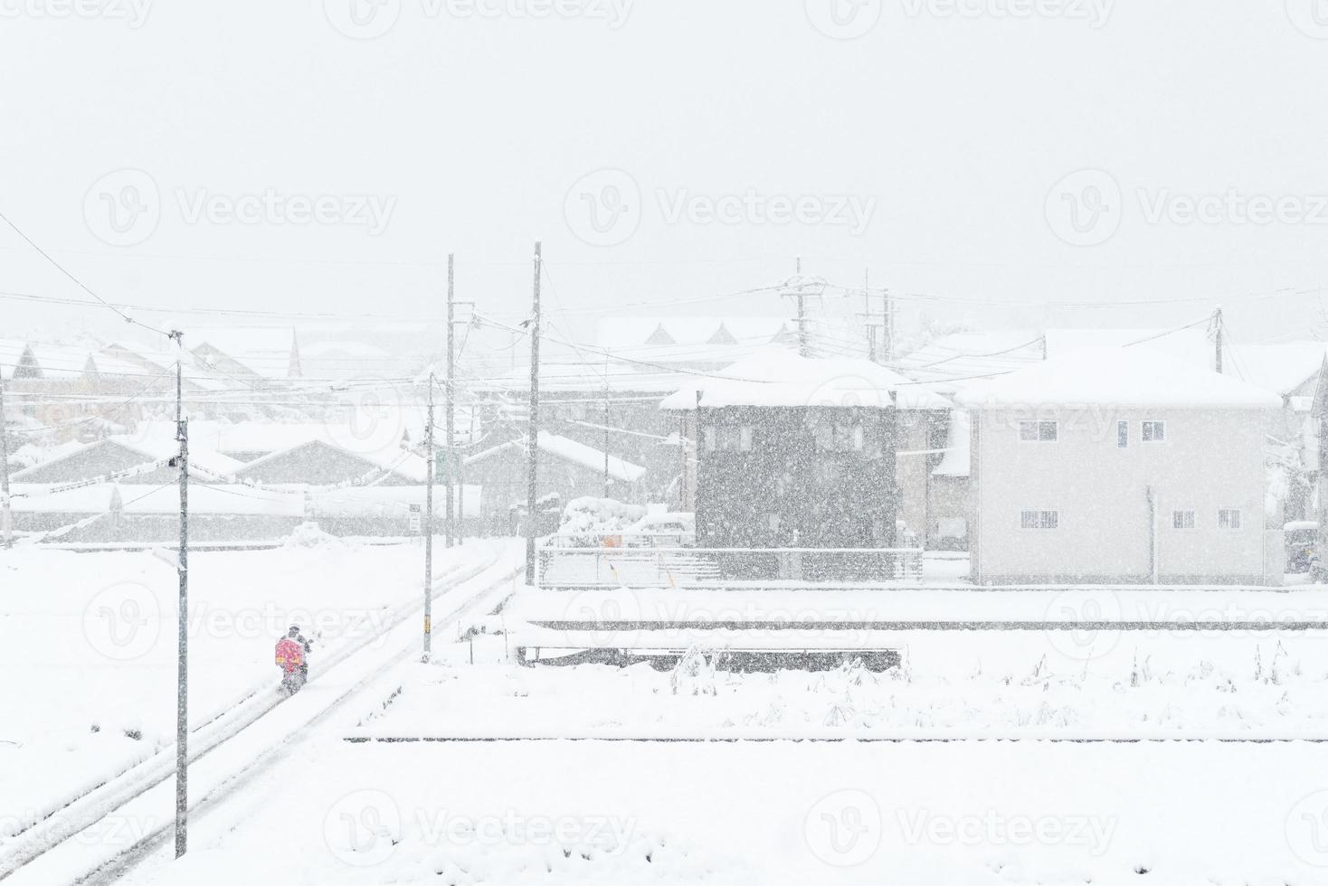 Fresh white snow falling in winter season at Kawaguchiko,Japan photo