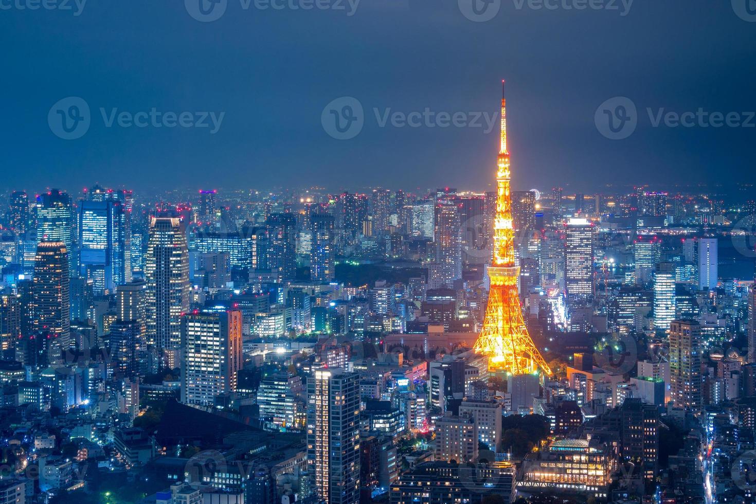 Aerial view over Tokyo tower and Tokyo cityscape view from Roppongi Hills at night. photo