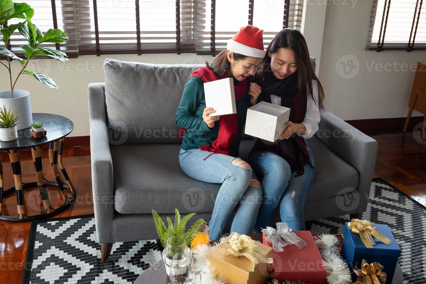 Two Females enjoy to celebrate Christmas and new year party at home in December photo