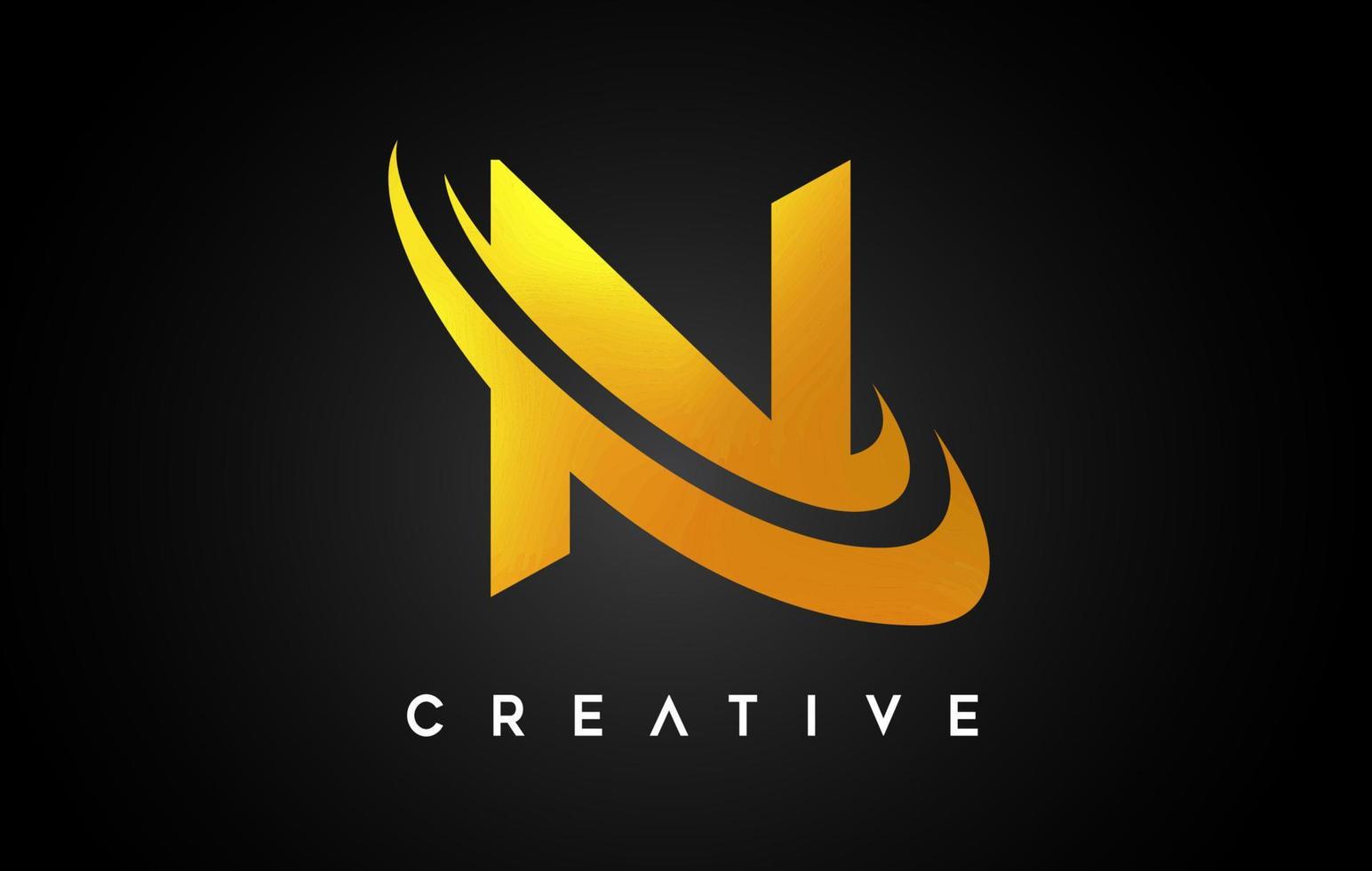 Logotipo de la letra n dorada. vector de diseño de letra n con vector de swash gris dorado