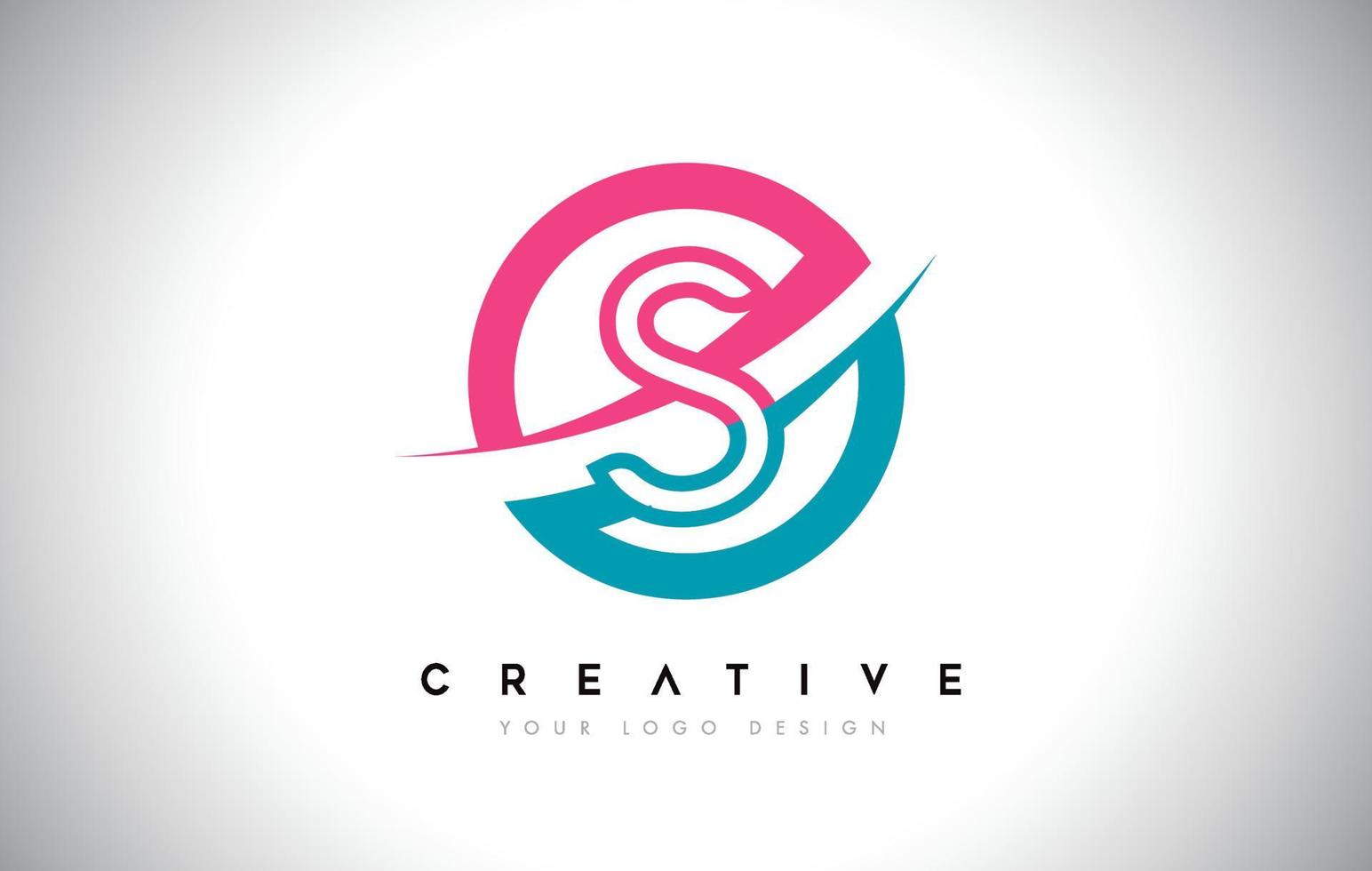 s icono de logotipo de diseño de letra con círculo y vector de diseño swoosh y color rosa azul.
