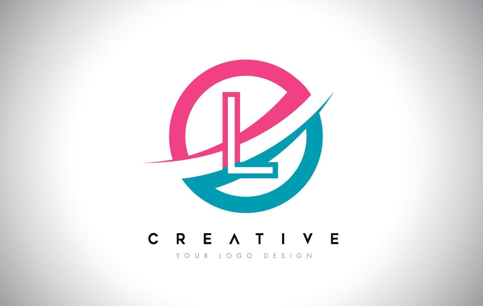 L Letter Design logo icon with circle and swoosh design Vector and blue pink color.