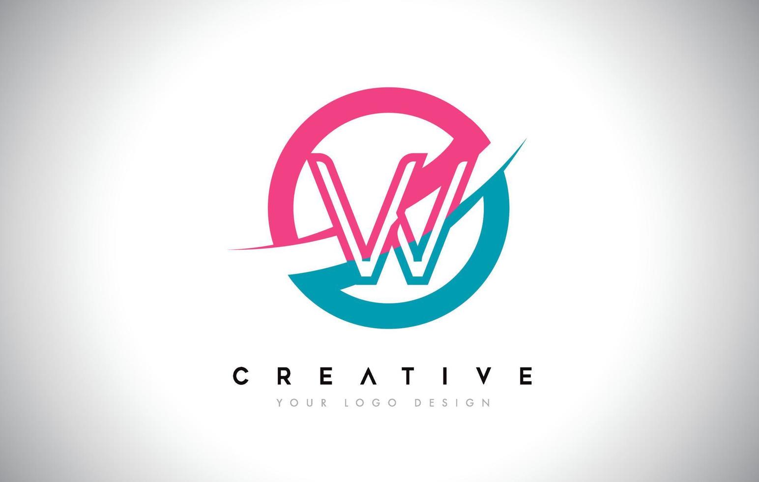 W Letter Design logo icon with circle and swoosh design Vector and blue pink color.