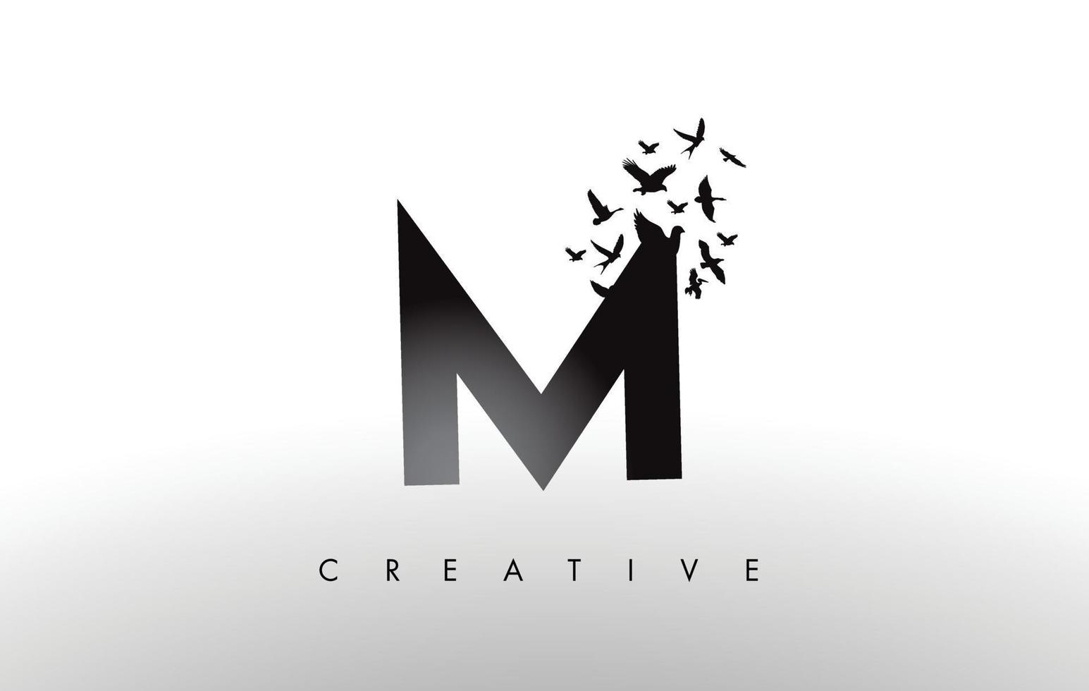 M Logo Letter with Flock of Birds Flying and Disintegrating from the Letter. vector