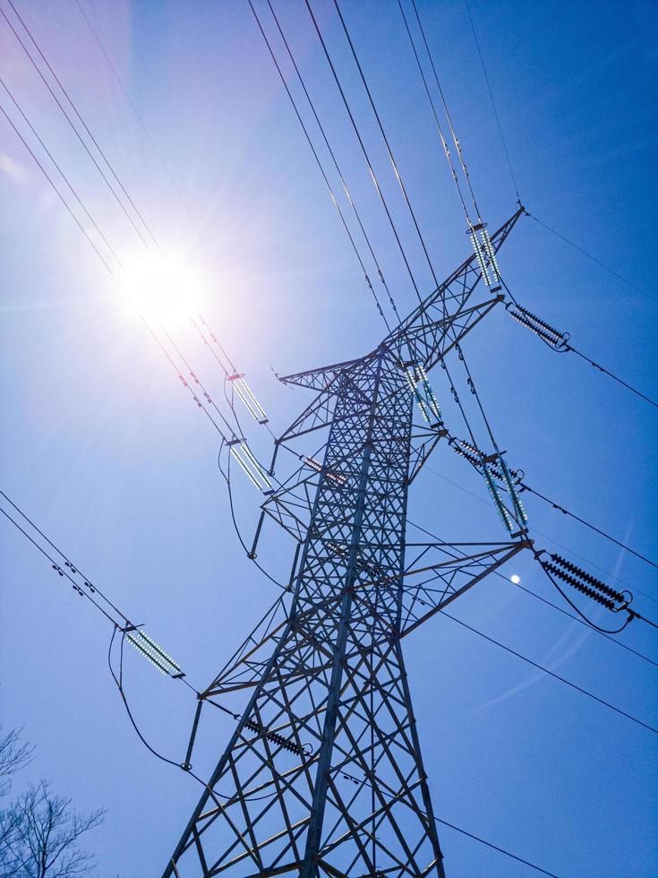 High-tension powerlines against blue sky photo