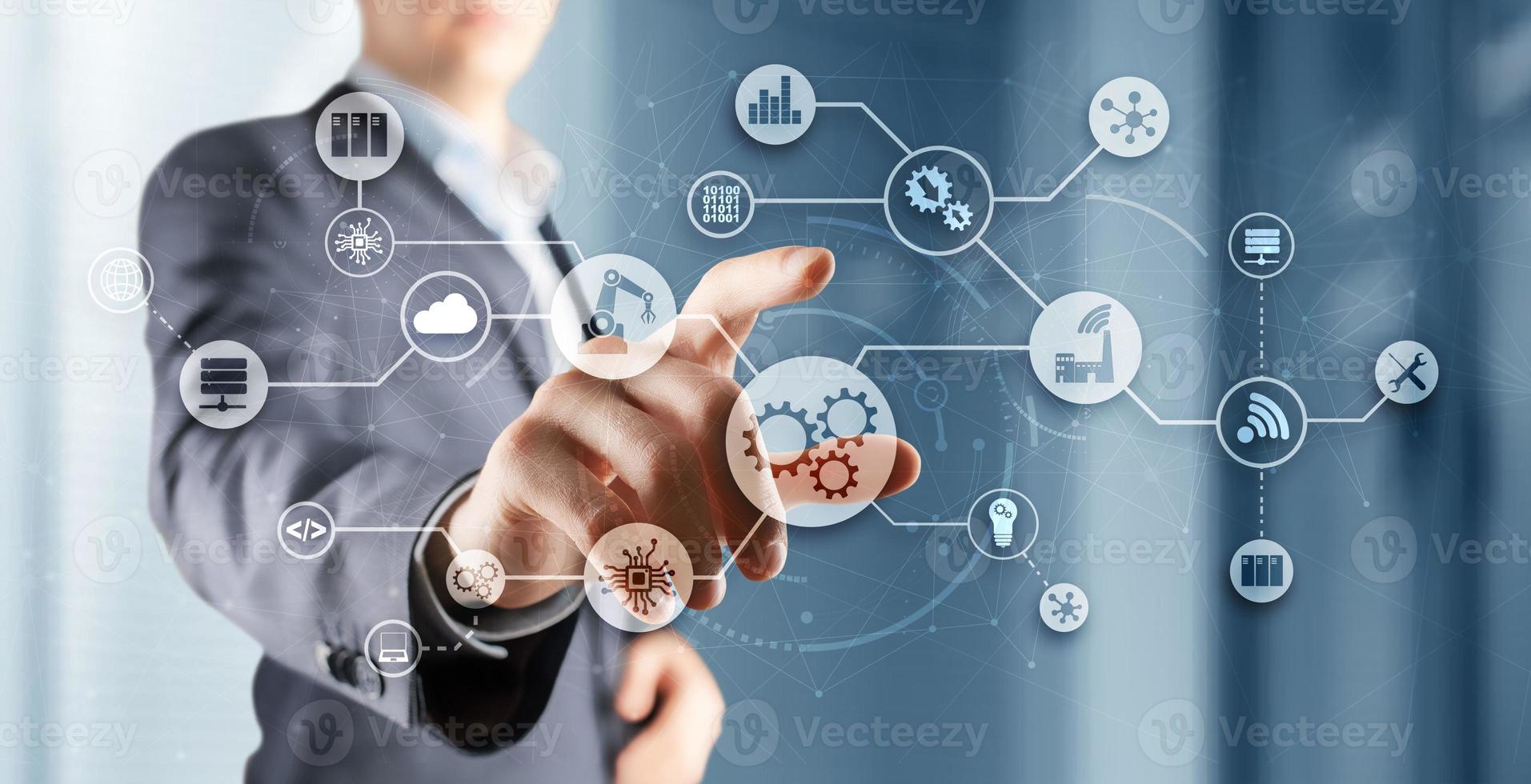 Process Technology Automation. Gear mechanism and circuit board on office and city background photo