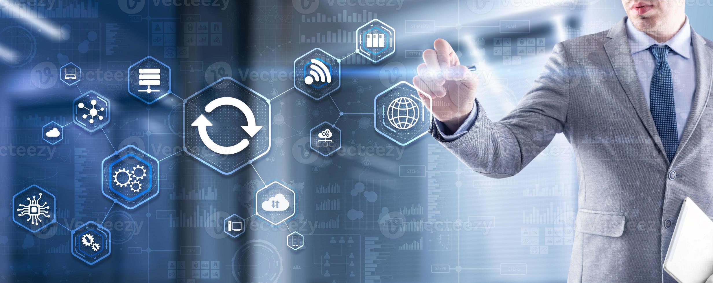 Businessman pressing button on touch screen interface select Update. Icon photo