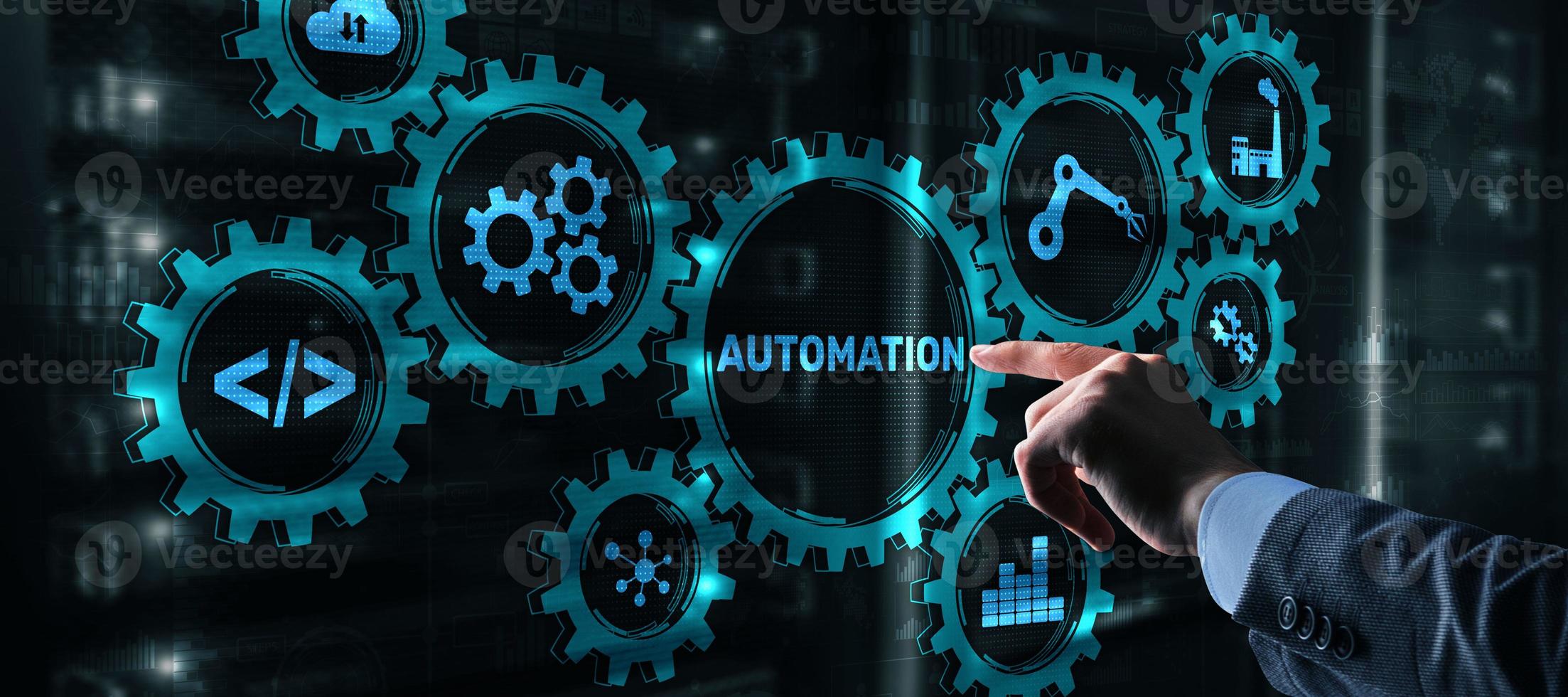 Automation Technology Process. Businessman is pressing on the virtual screen photo