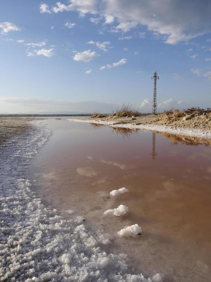 Sunset on the pink lagoon of the salt flats of Torrevieja, Spain photo