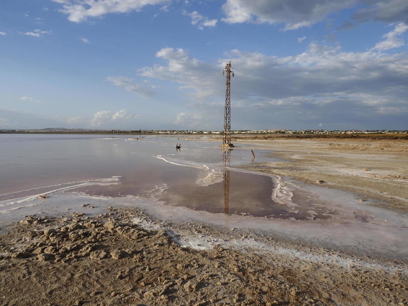 Sunset on the pink lagoon of the salt flats of Torrevieja, Spain photo