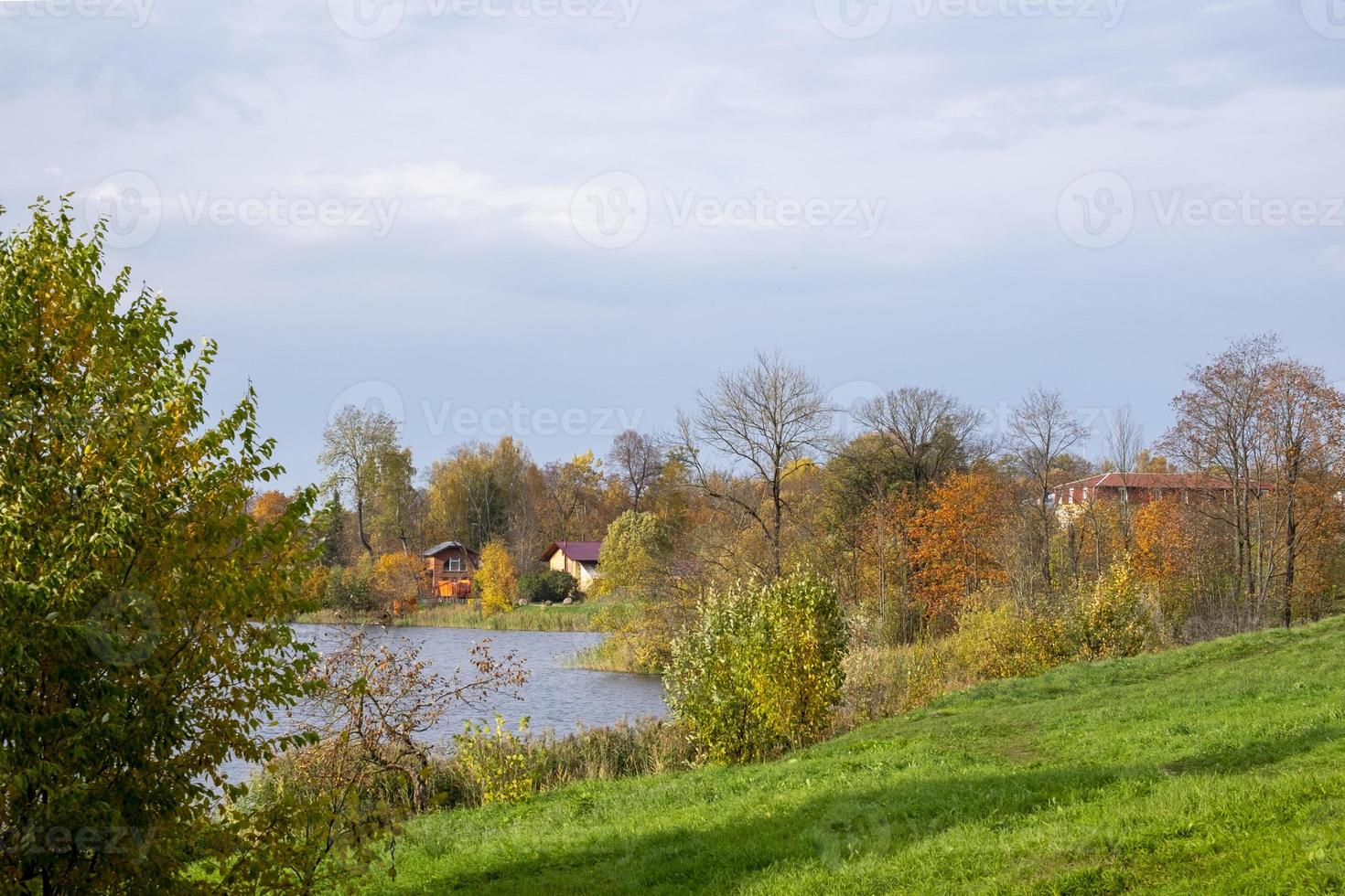 Nice view of nature with a lake and residential buildings in the countryside photo