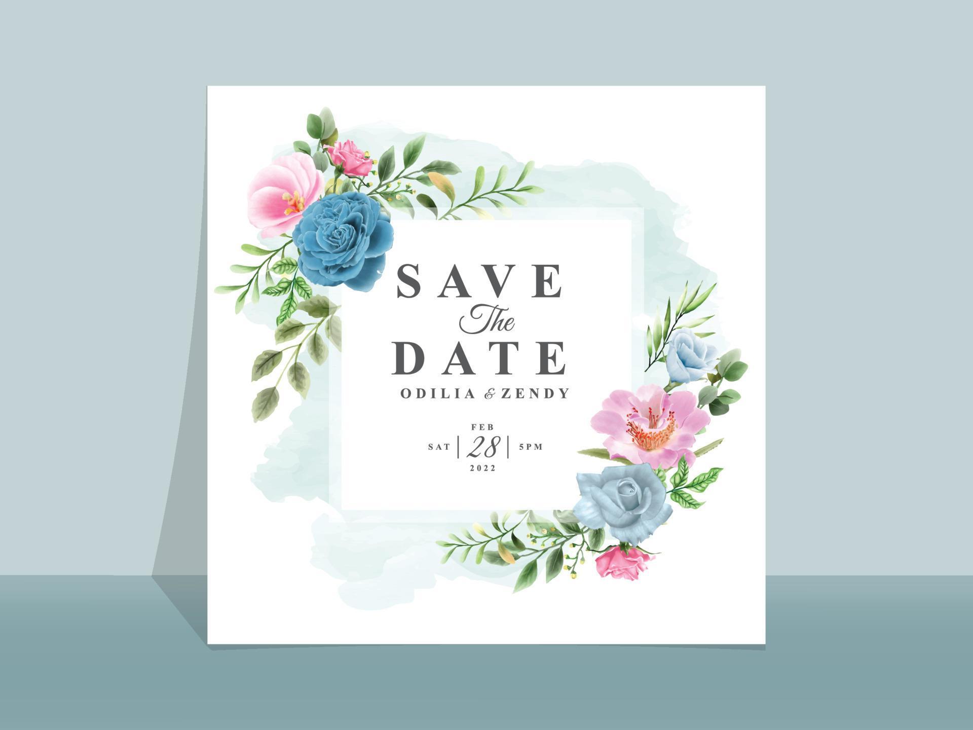 Beautiful blue and pink flowers wedding invitation card 4889548 Vector