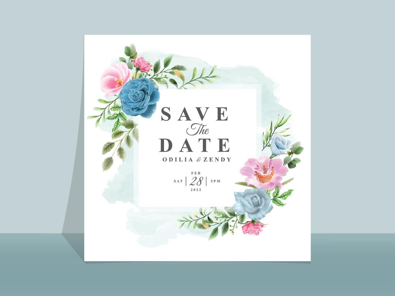 Beautiful blue and pink flowers wedding invitation card vector