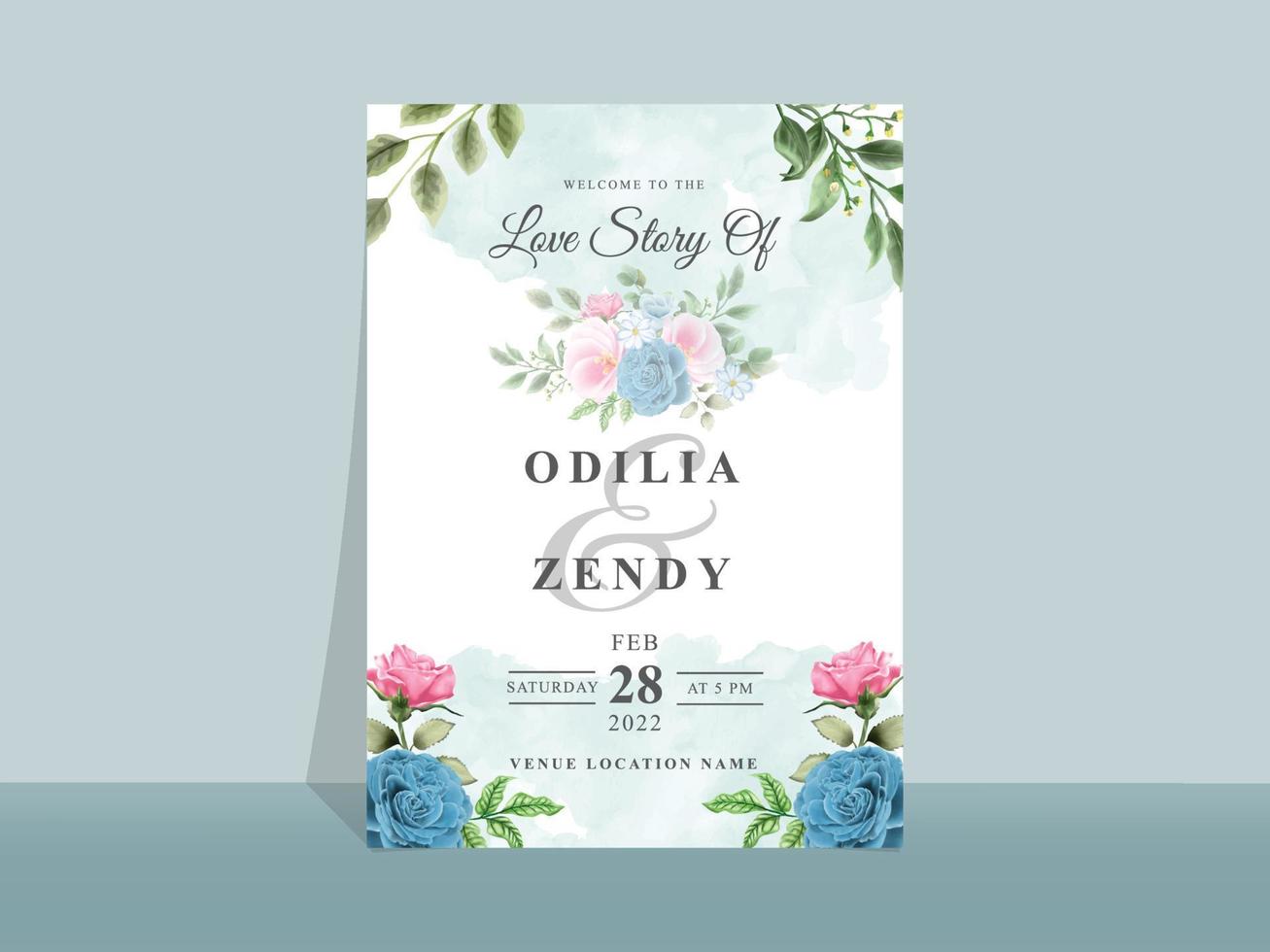 hermosa tarjeta de invitación de boda con flores azules y rosas vector