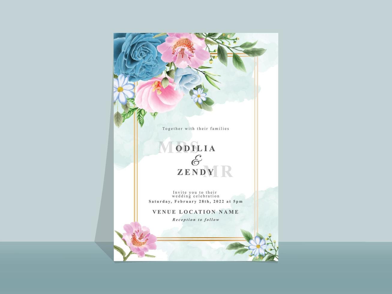 hermosa tarjeta de invitación de boda con flores azules y rosas vector