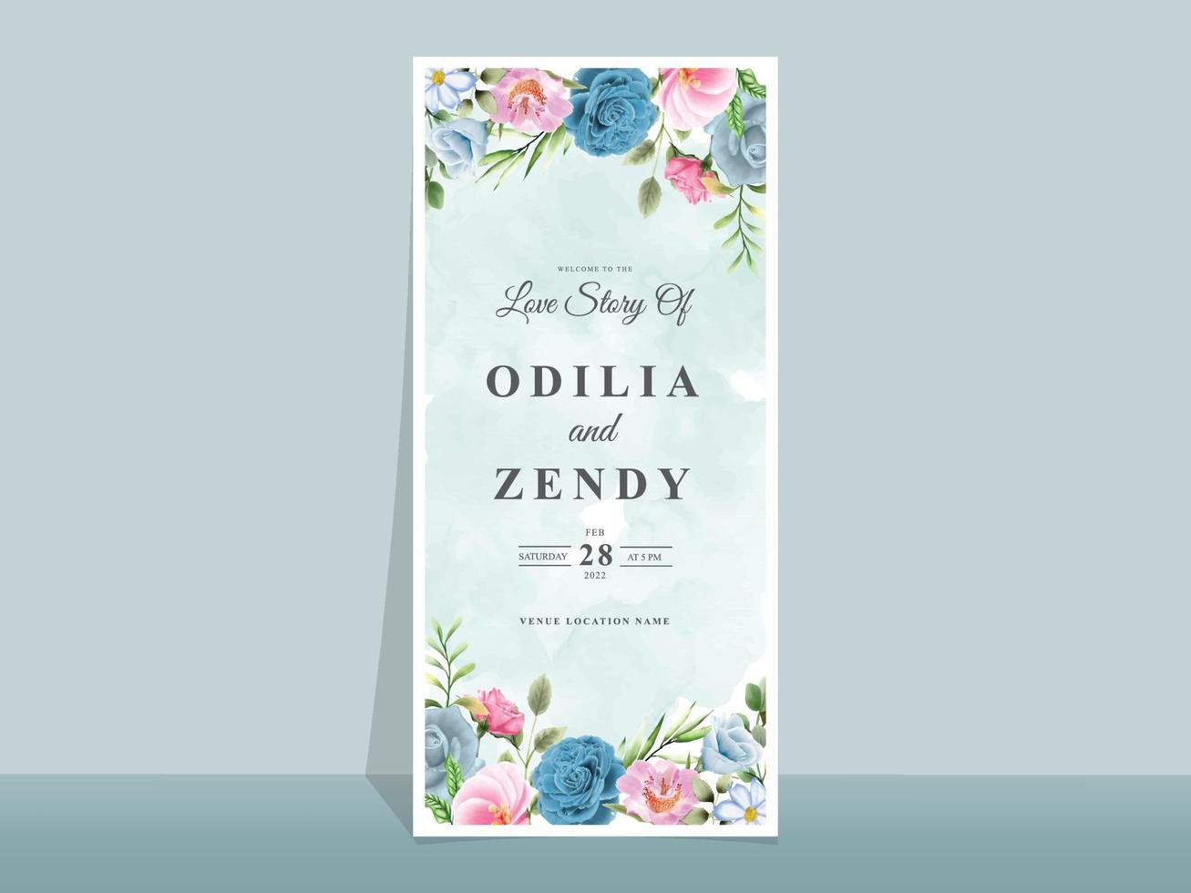 Beautiful blue and pink flowers wedding invitation card vector