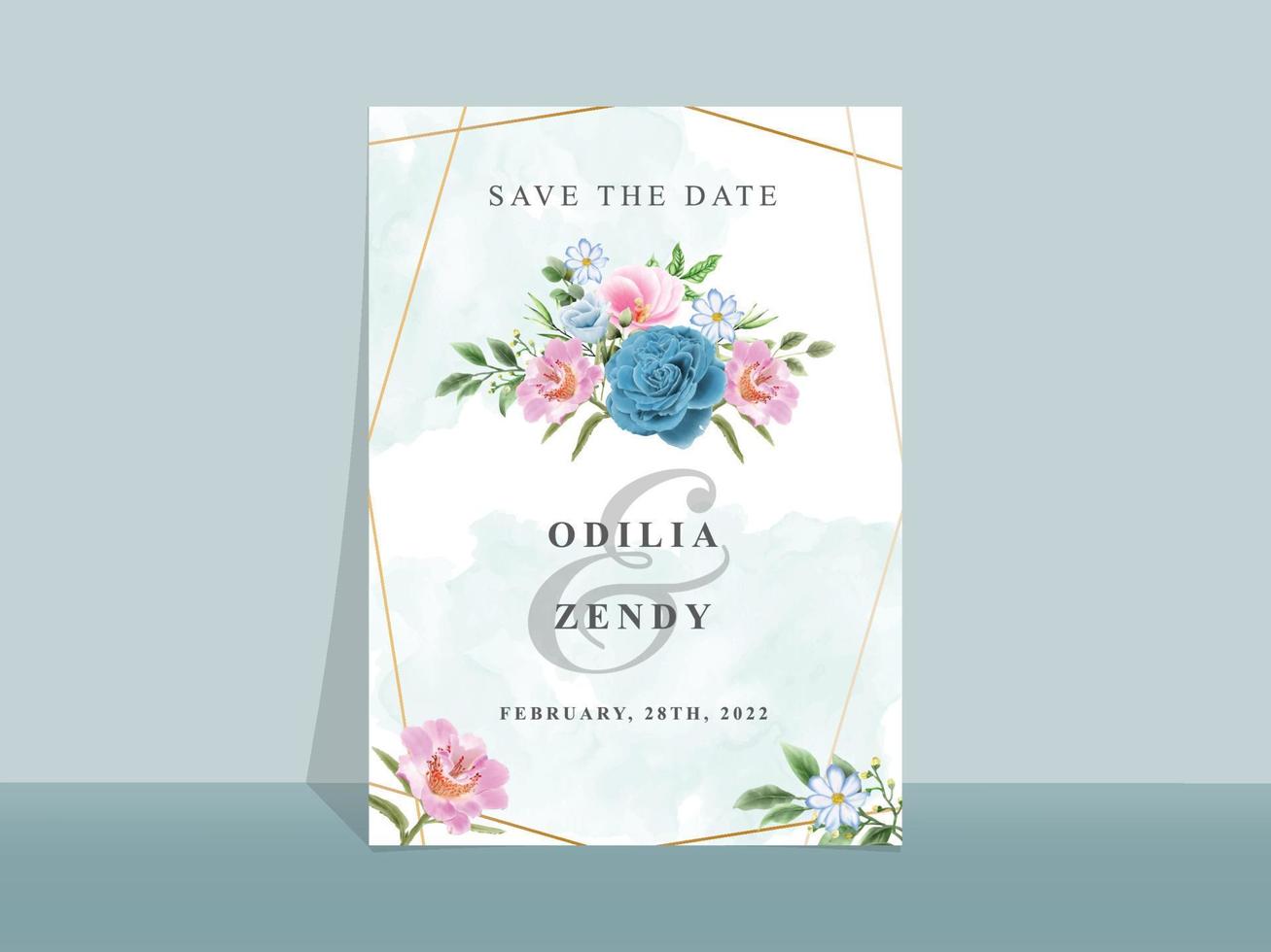 hermosa tarjeta de invitación de boda con flores azules y rosas vector