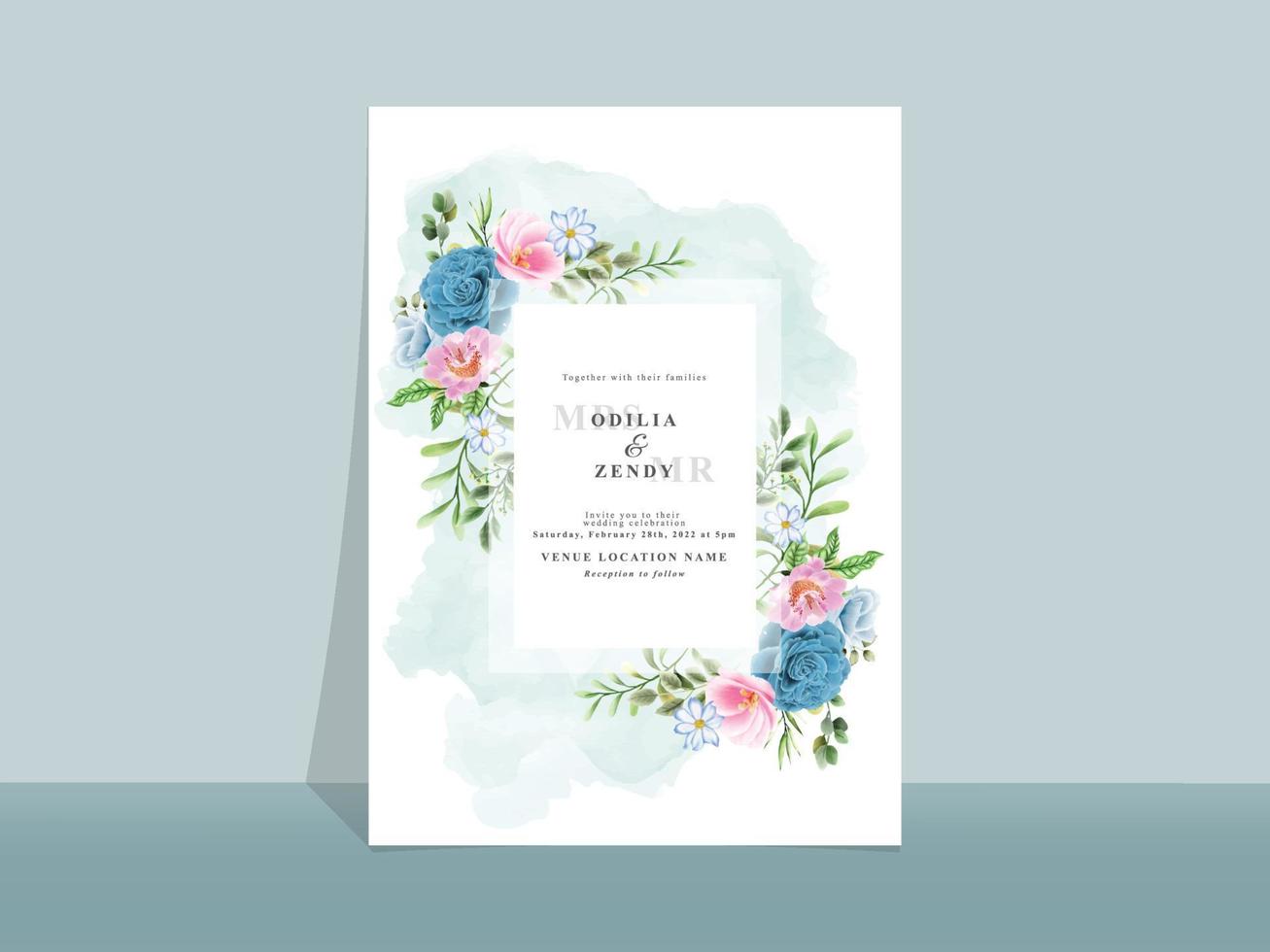 hermosa tarjeta de invitación de boda con flores azules y rosas vector