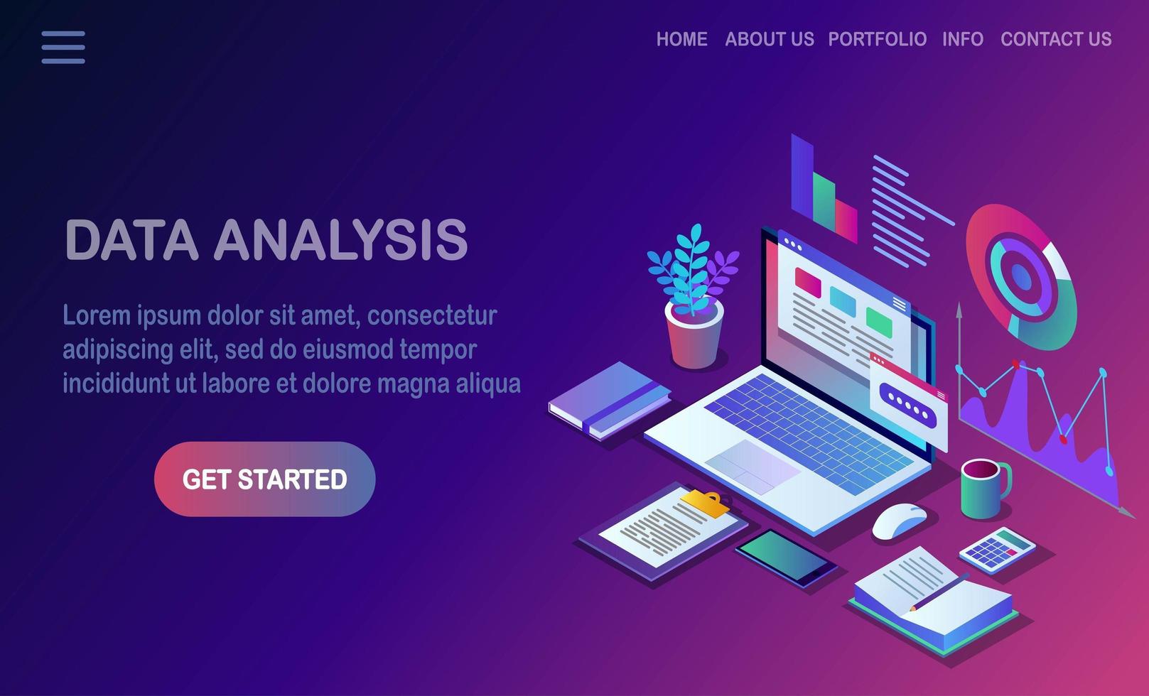 Data analysis. Digital financial reporting, seo, marketing. Business management, development. 3d isometric laptop, computer, pc with graph, chart, statistic. Vector design for website