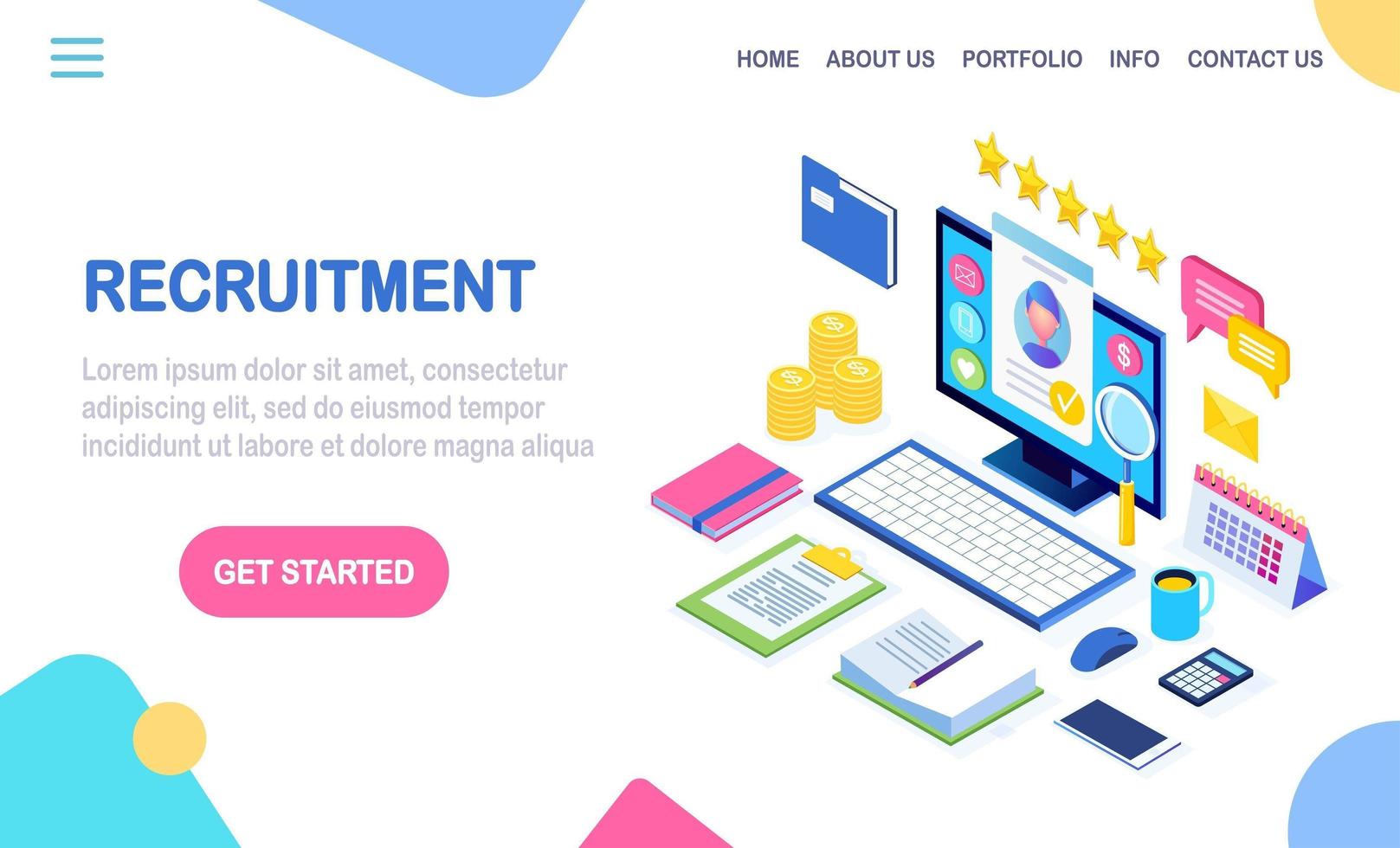 Recruitment. 3d isometric computer, laptop, pc with cv resume, folder, stars. Human Resources, HR. Hiring employees. Job interview. Vector design for banner