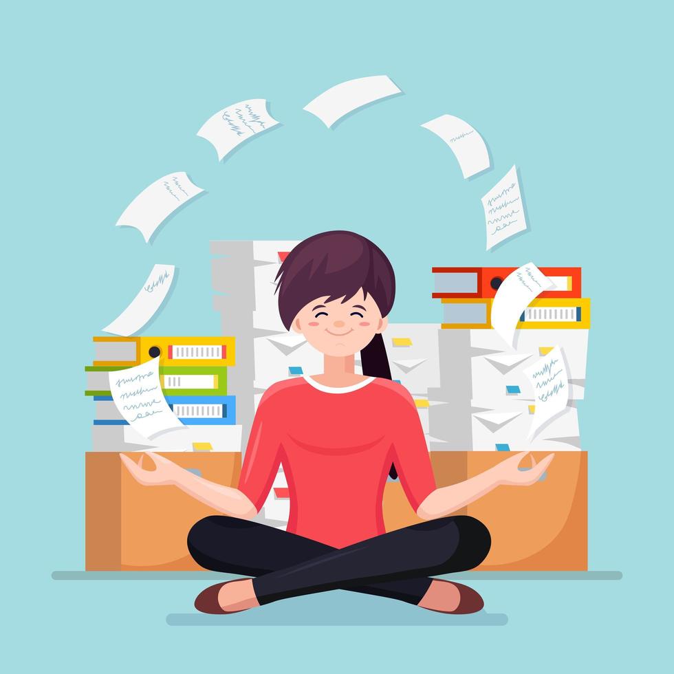 mujer haciendo yoga. pila de papel, empleado estresado ocupado con pila de documentos en cartón, caja de cartón. papeleo. burocracia. trabajador meditando, relajándose, calmado manejar el estrés. diseño vectorial vector