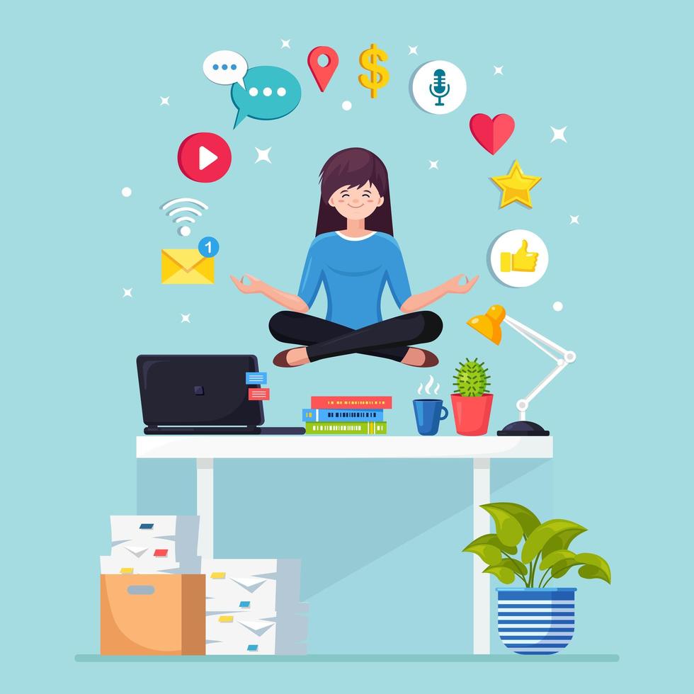 Woman doing yoga at workplace in office with social network, media icon. Worker sitting in padmasana lotus pose on desk with flying paper, meditating, relaxing, calm down, manage stress Vector design