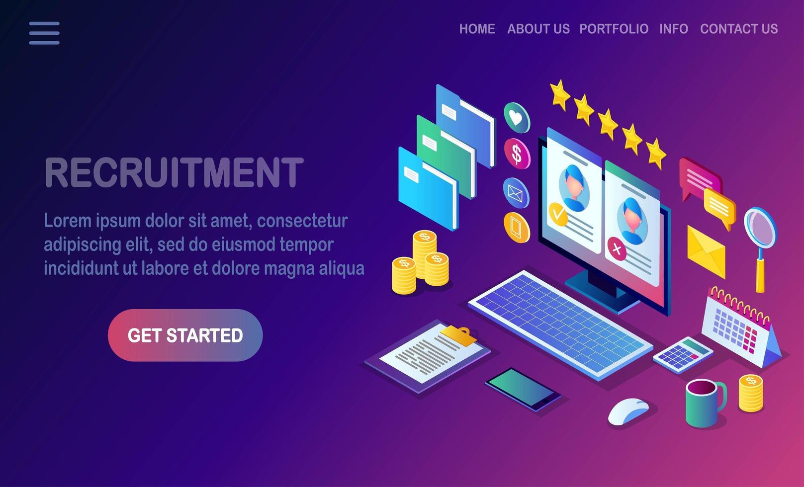 Recruitment. 3d isometric computer, laptop, pc with cv resume, folder, stars. Human Resources, HR. Hiring employees. Job interview. Vector design for banner