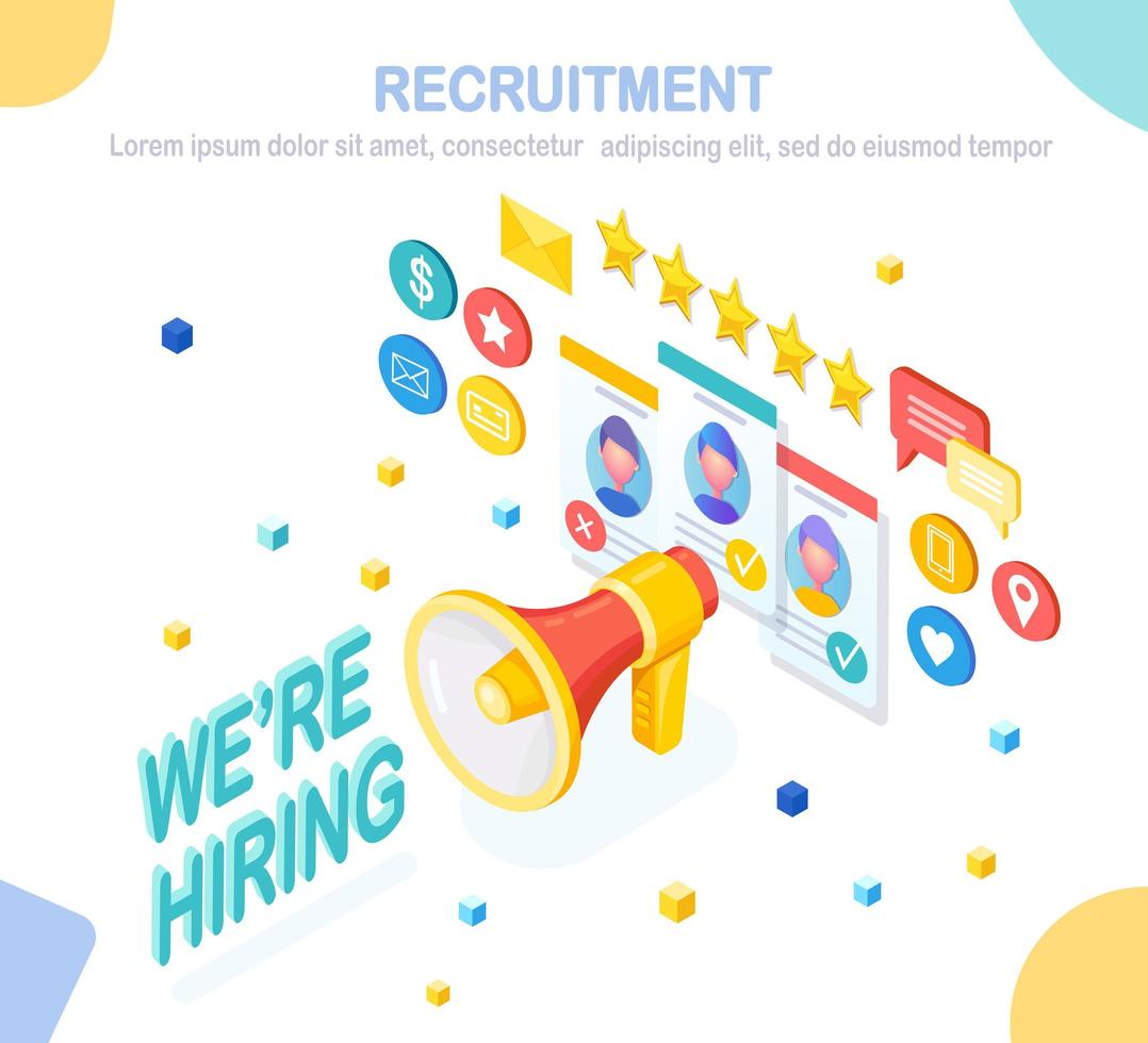 Recruitment. 3d isometric megaphone, bullhorn, loudspeaker with cv resume, folder, speech bubble. Human Resources, HR. Hiring employees. Job interview. Vector design for banner