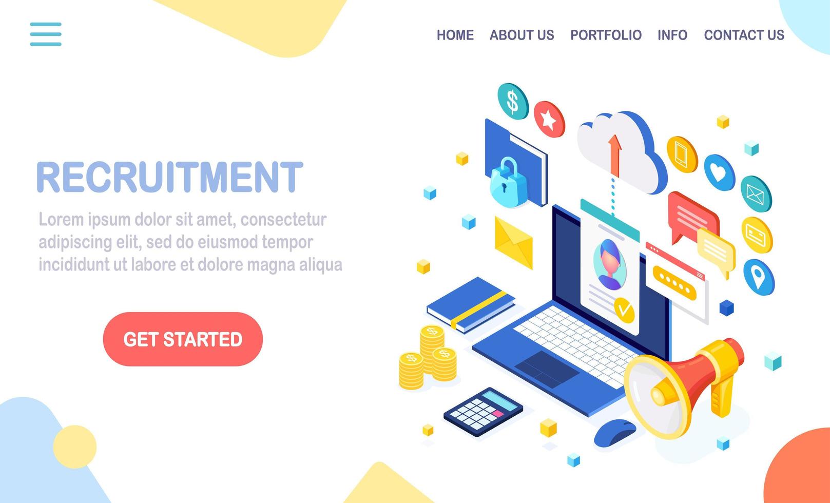 Recruitment. 3d isometric computer, laptop, pc with cv resume, folder, megaphone, bullhorn, loudspeaker, speech bubble. Human Resources, HR. Hiring employees. Job interview. Vector design for banner