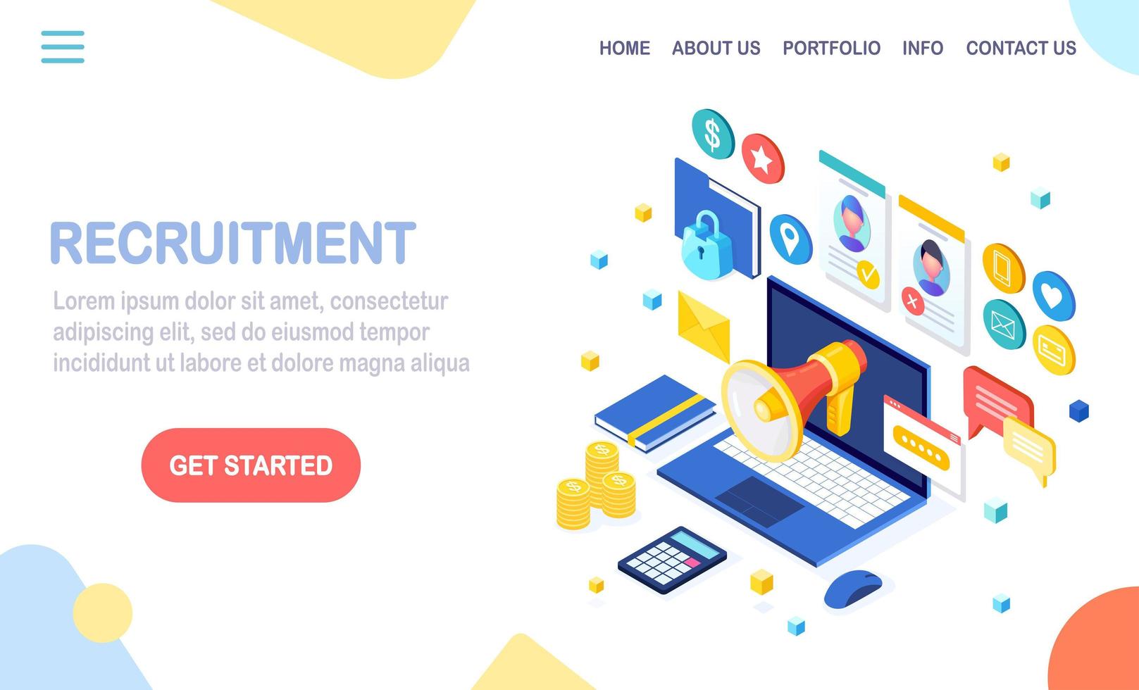 Recruitment. 3d isometric computer, laptop, pc with cv resume, folder, megaphone, bullhorn, loudspeaker, speech bubble. Human Resources, HR. Hiring employees. Job interview. Vector design for banner