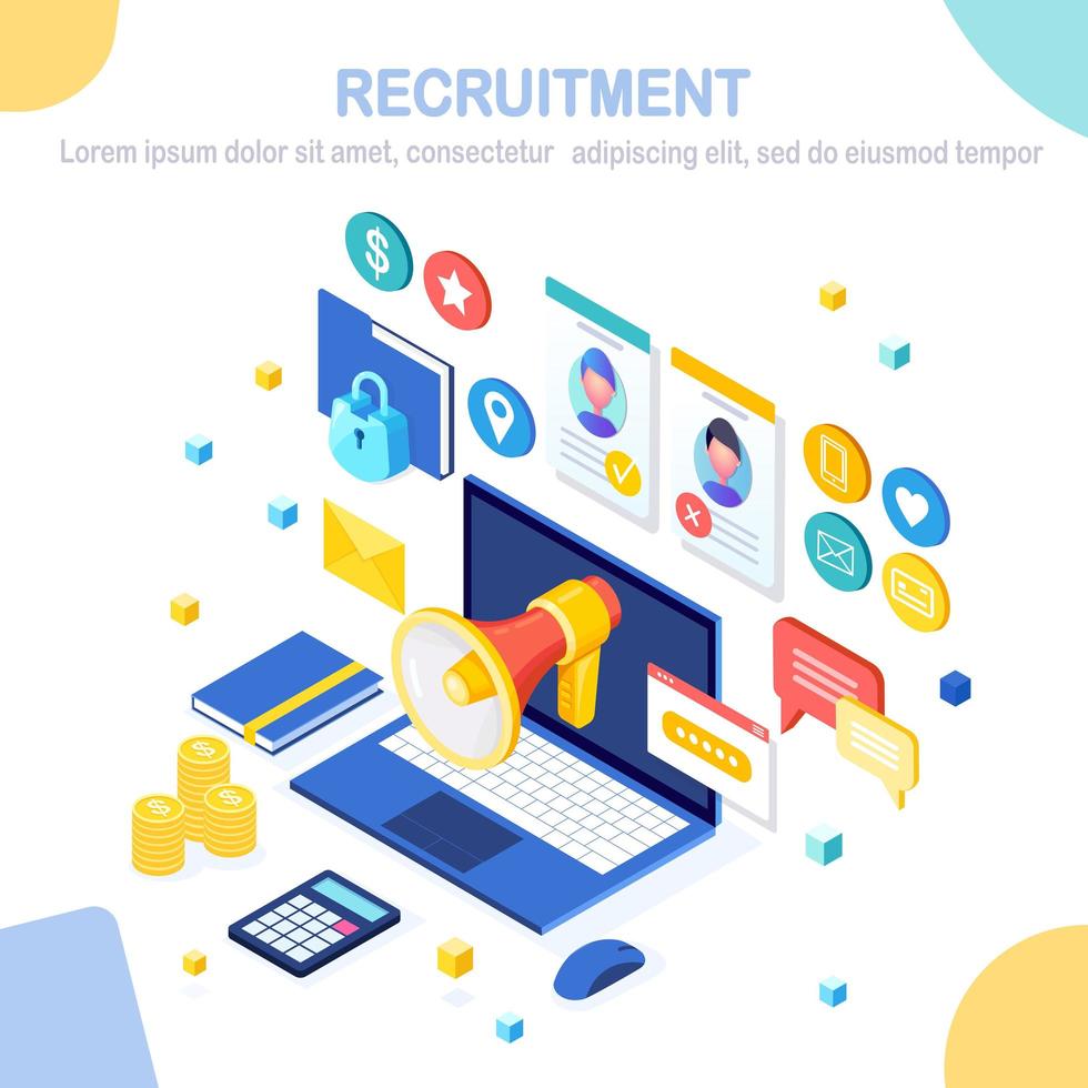 Recruitment. 3d isometric computer, laptop, pc with cv resume, folder, megaphone, bullhorn, loudspeaker, speech bubble. Human Resources, HR. Hiring employees. Job interview. Vector design for banner