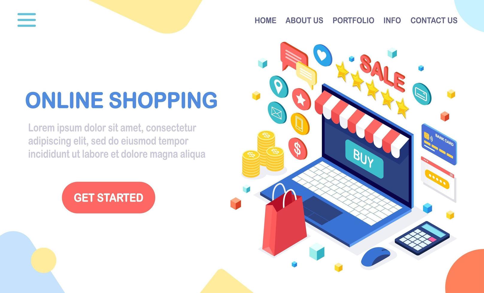 Online shopping concept. Buy in retail shop by internet. Discount sale. 3d isometric computer, laptop with money, credit card, customer review, feedback, bag, package. Vector design for web banner